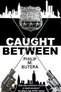 A black and white book cover with guns