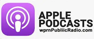 A purple apple logo with the words " apples podcast wprn public radio."