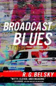 A police car parked in front of a building with the words " broadcast blues ".