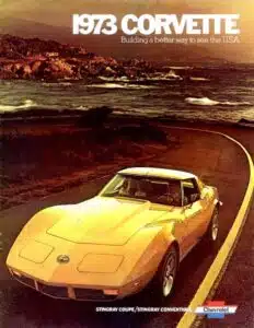 A yellow corvette is parked on the side of a road.