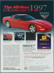 A red corvette is shown in this advertisement.