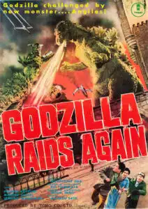 A godzilla raids again poster with the movie title.