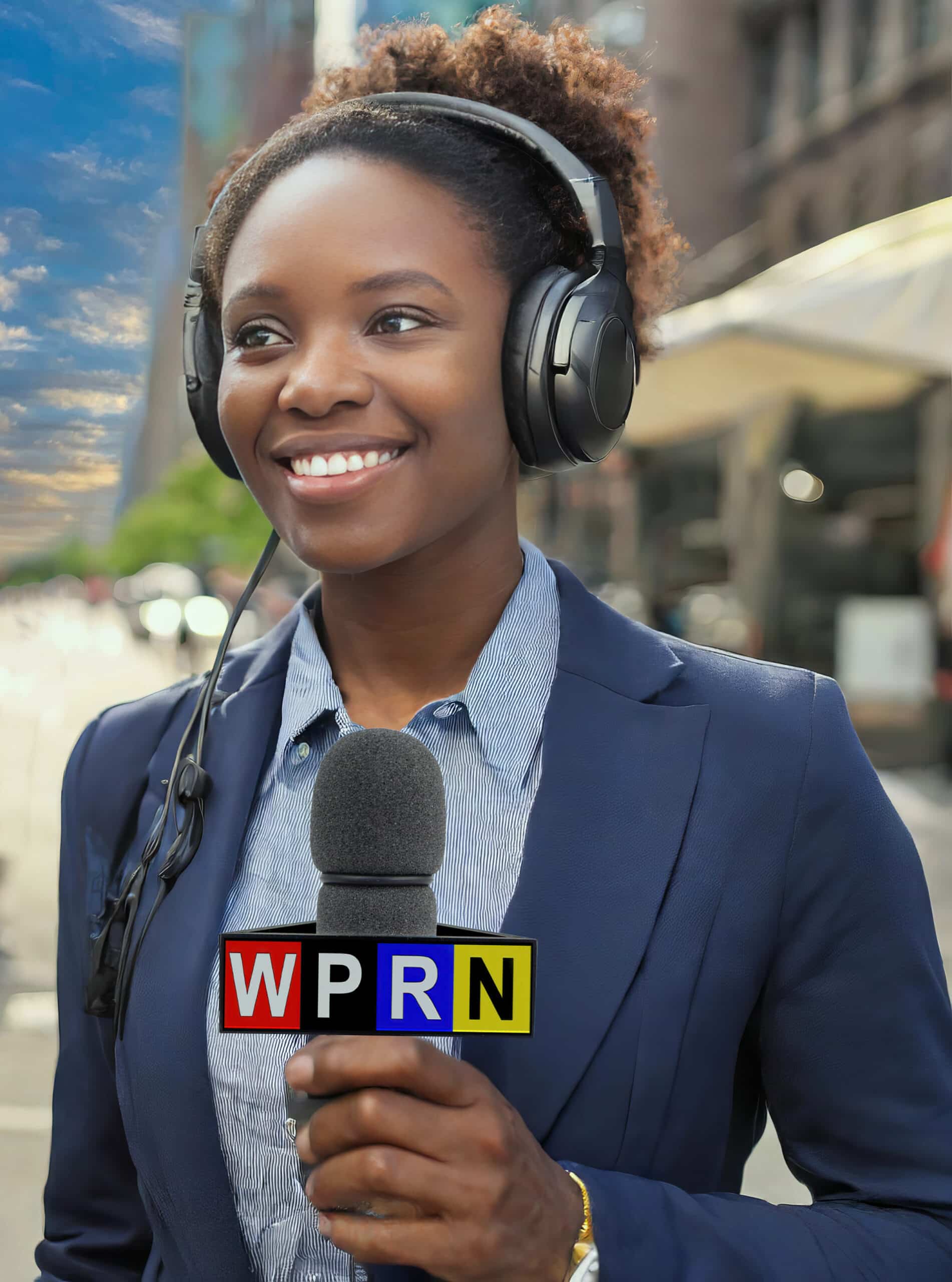 A man with headphones and microphone on the street