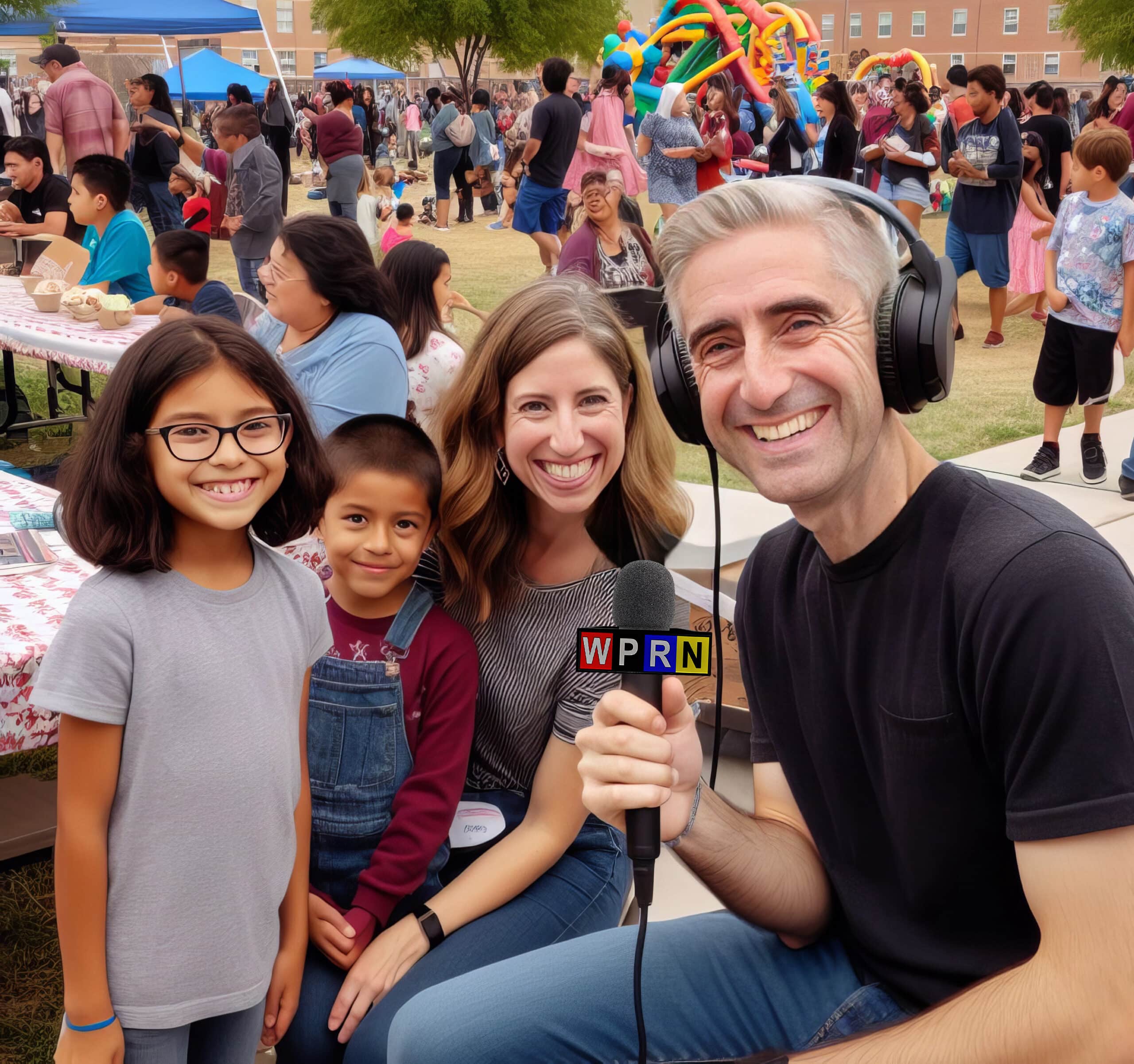 A man and two children with headphones on