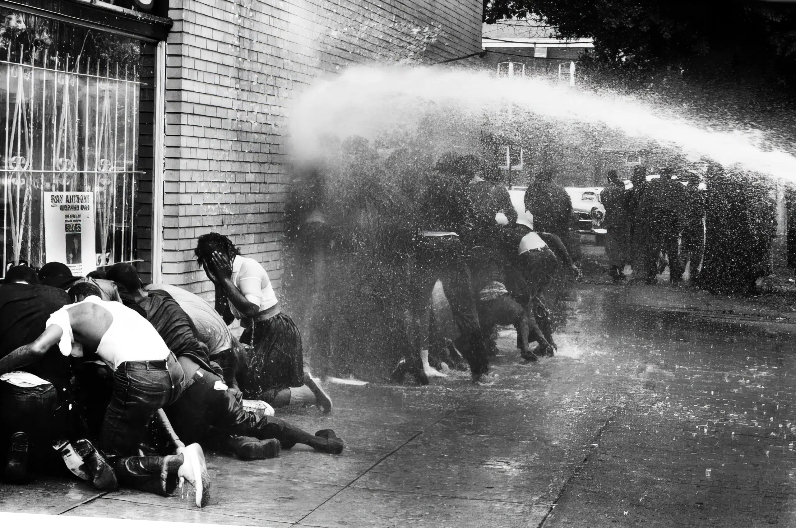 A group of people are under water from a fire hydrant.