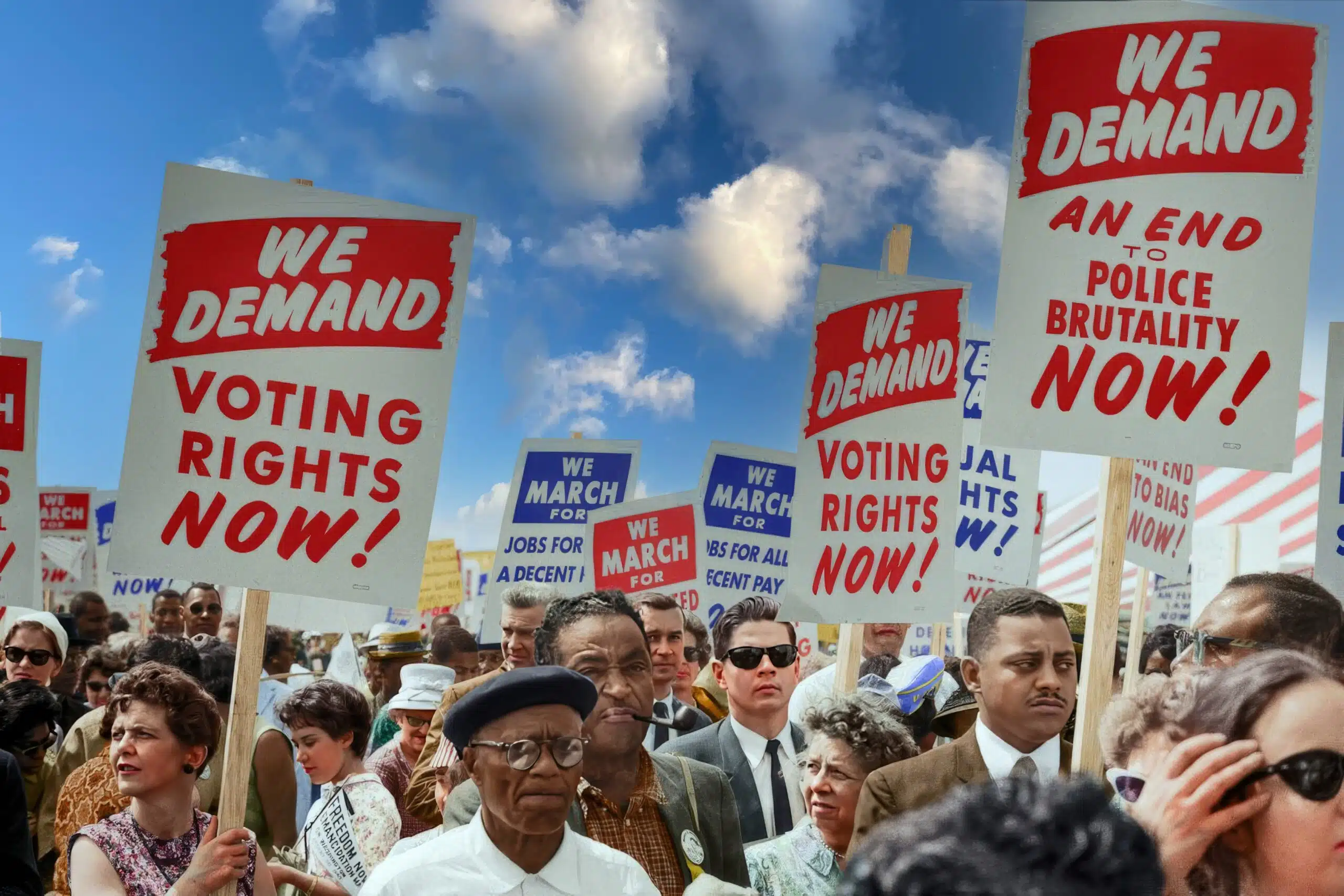 A crowd of people holding signs and protesting.