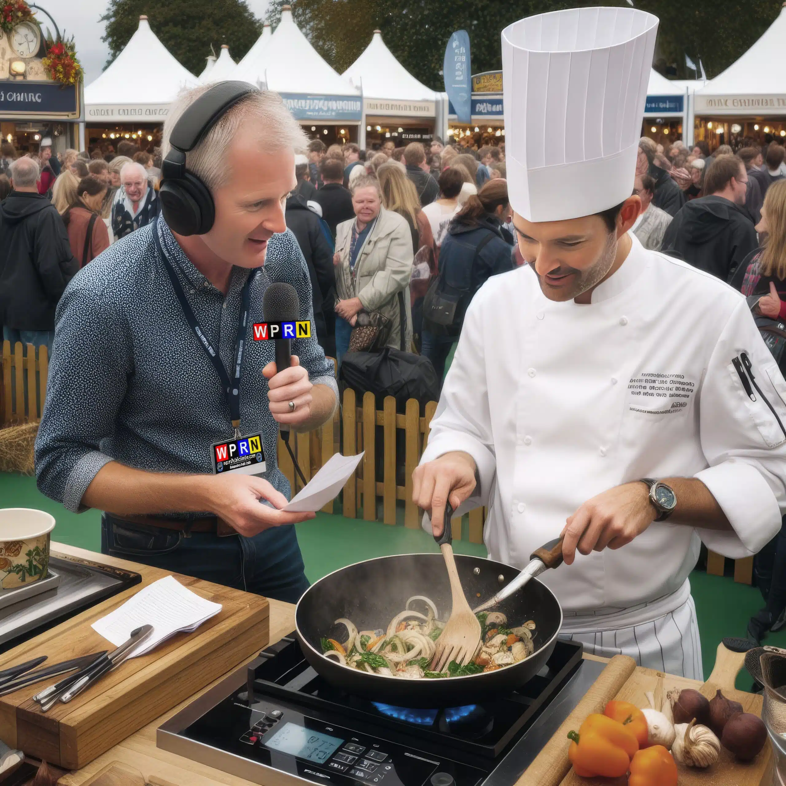 Two chefs are cooking at a festival.