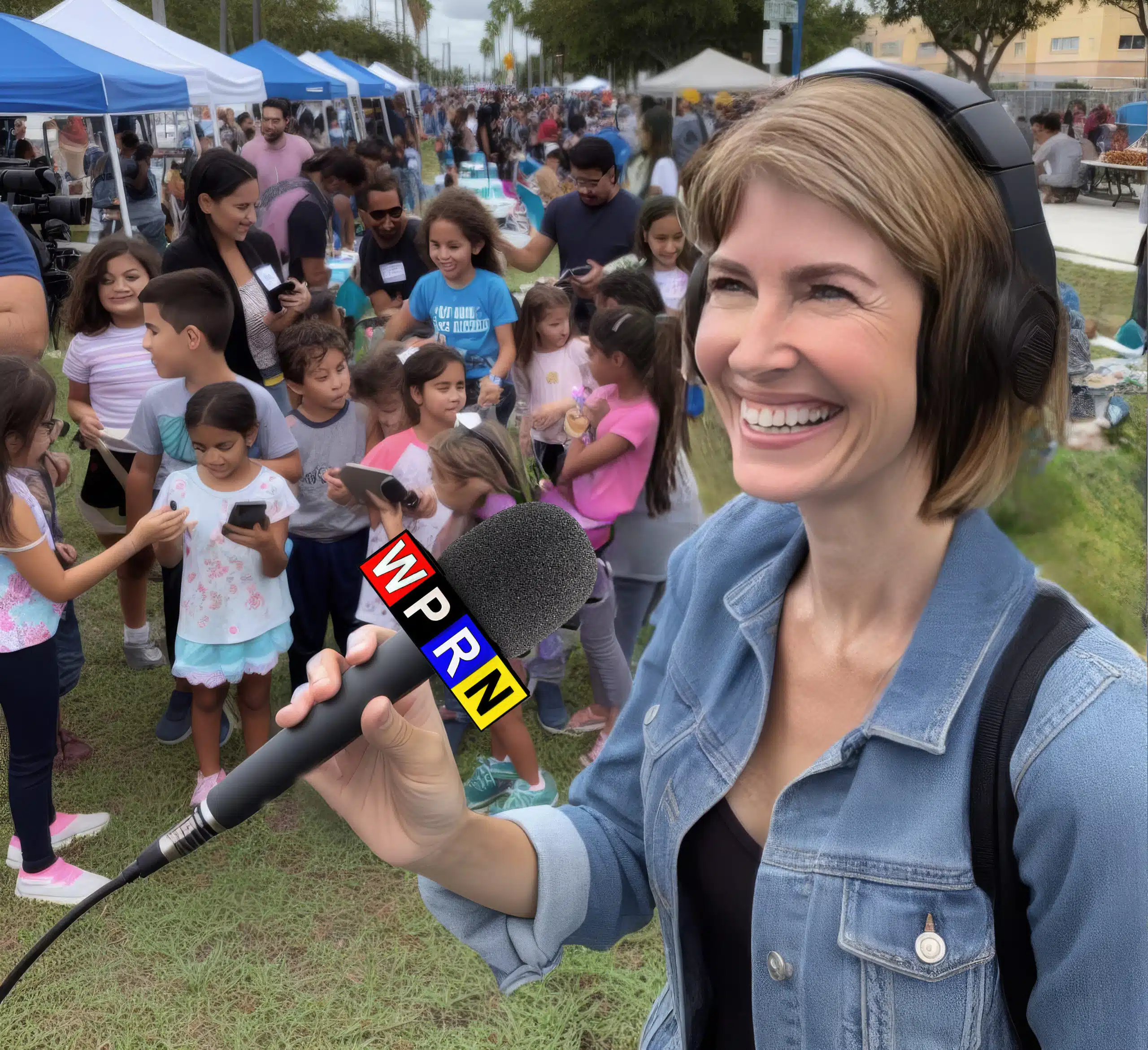 A woman holding a microphone and wearing headphones.