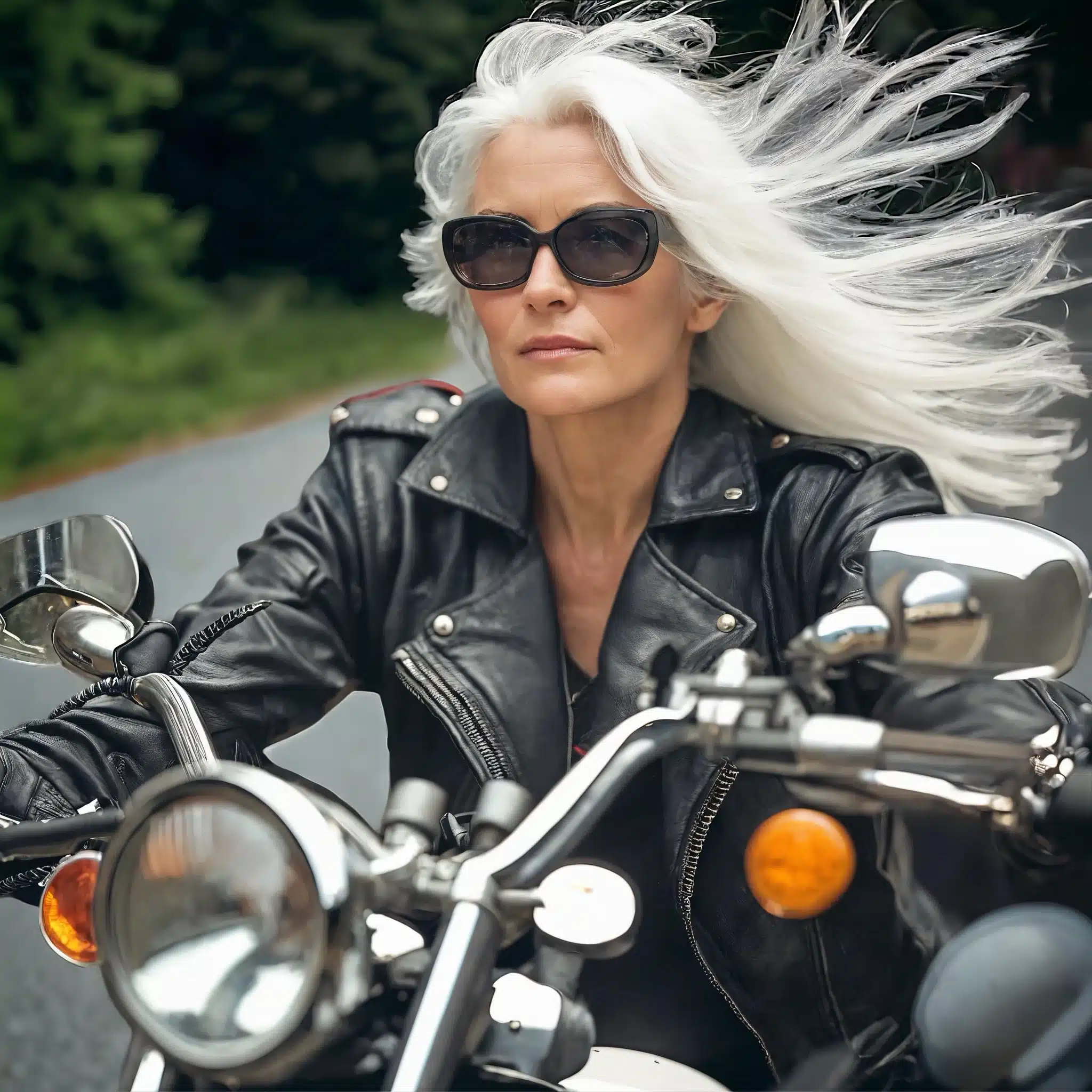 A woman with white hair riding on the back of a motorcycle.