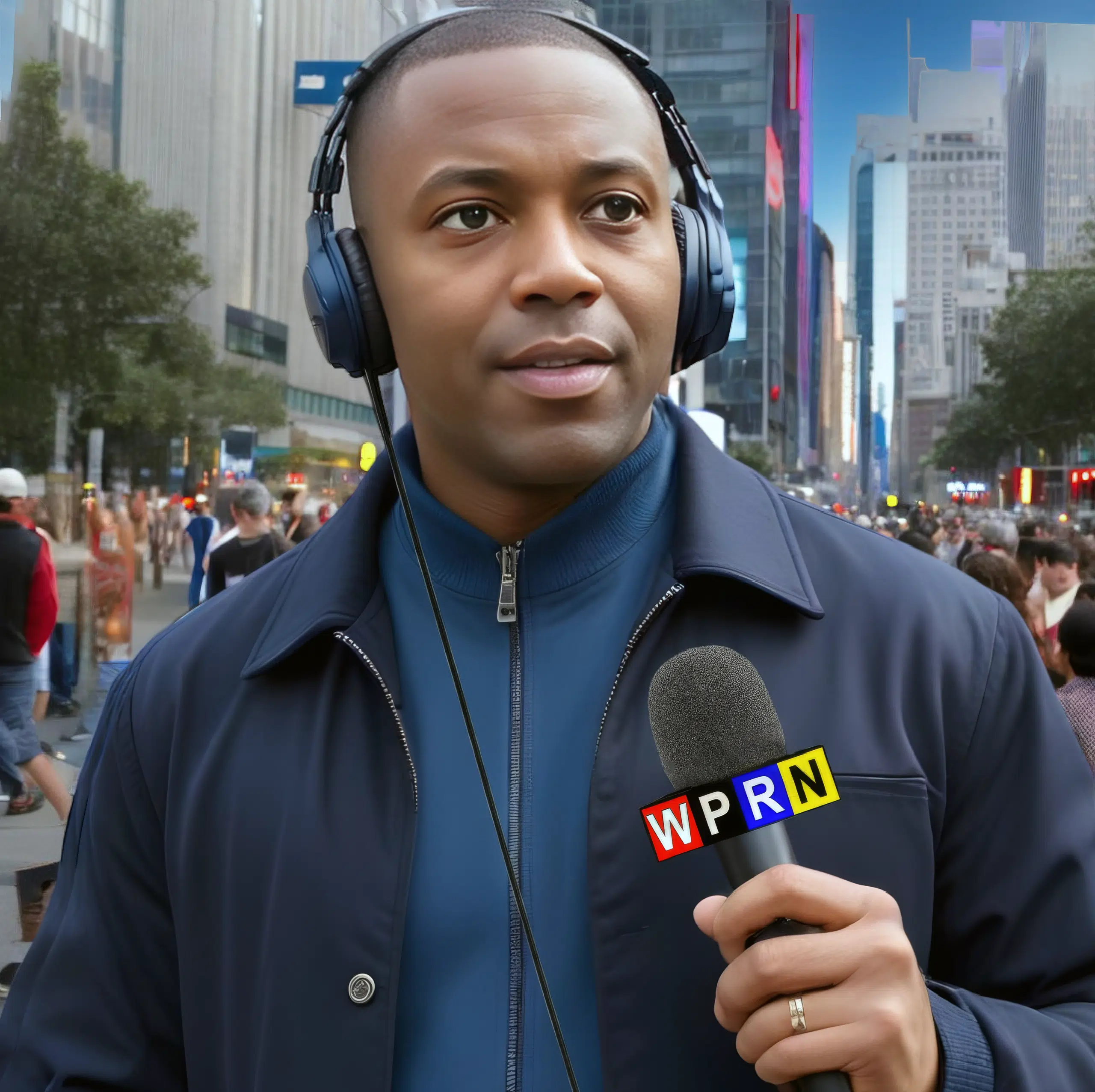 A man with headphones and microphone in the street.