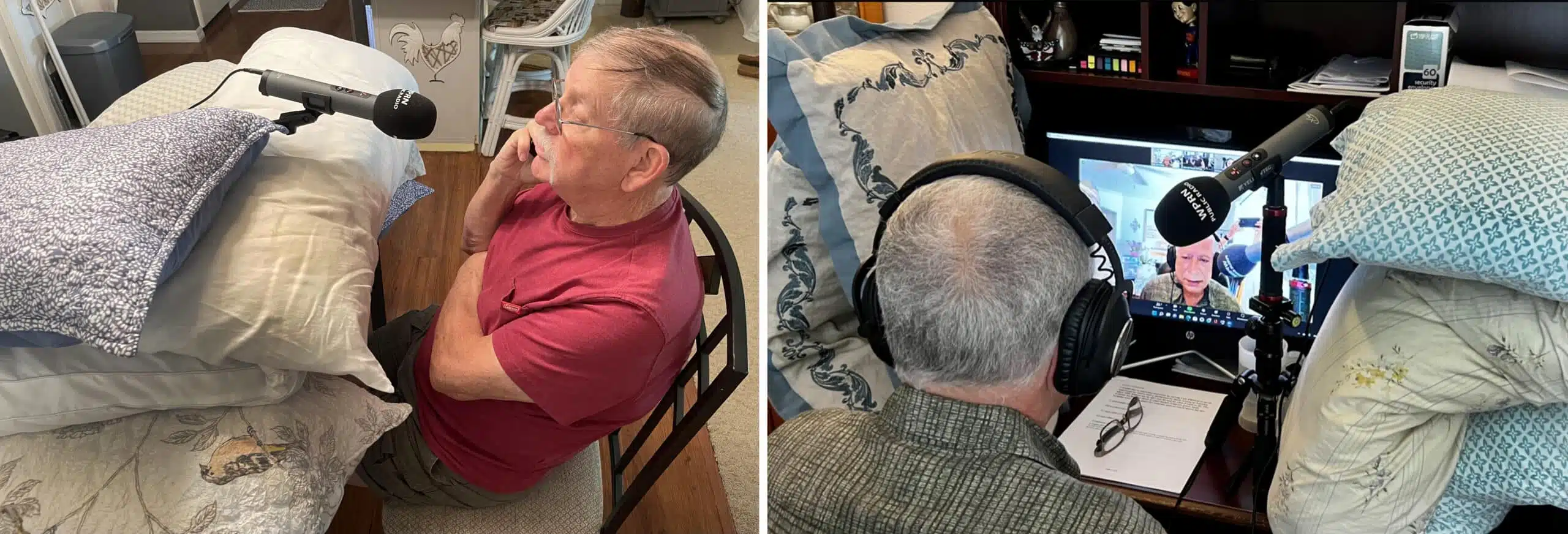 A man with short hair and headphones on.