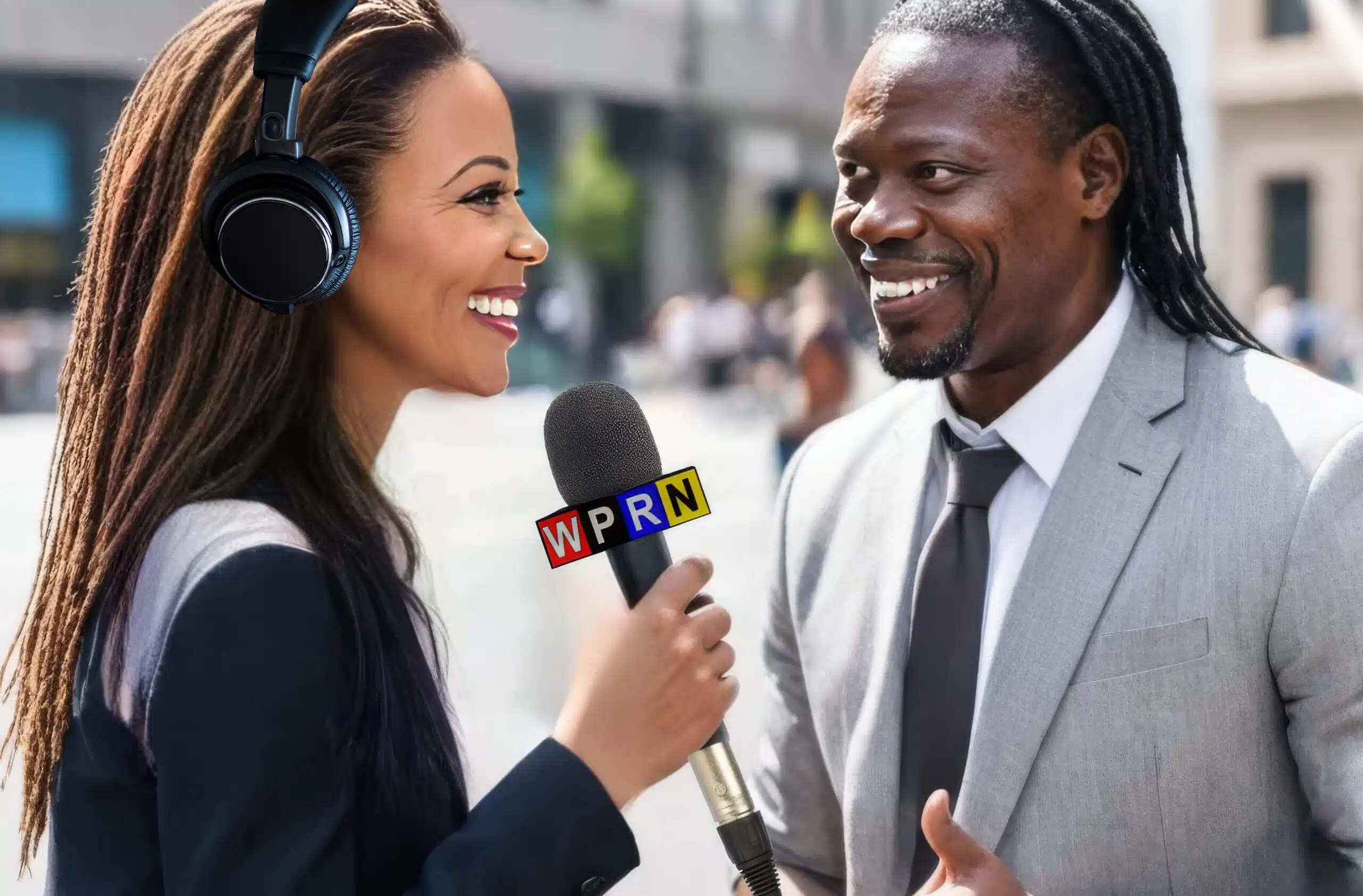 A woman is talking to a man on the street