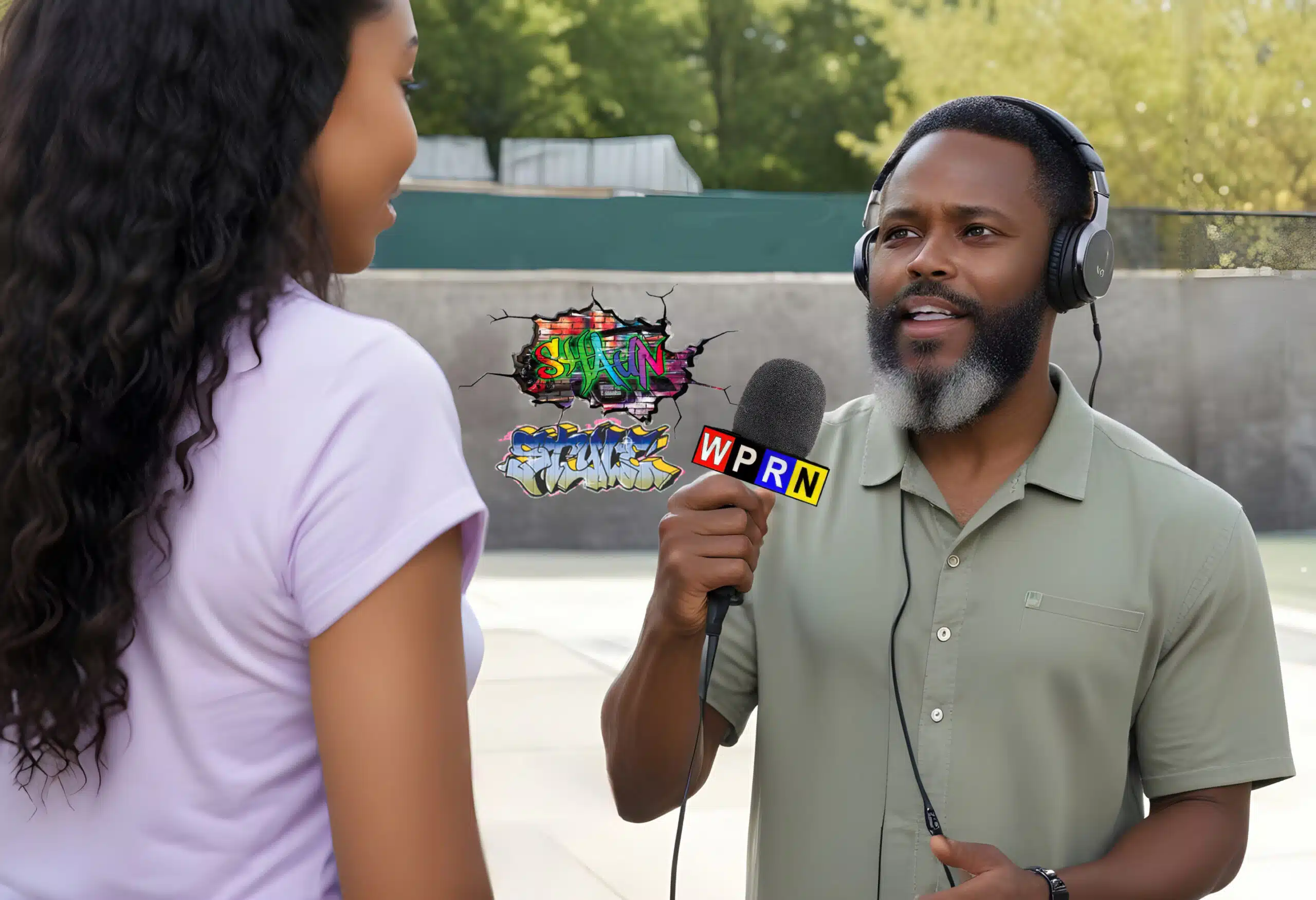 A man with headphones is being interviewed by an african american woman.