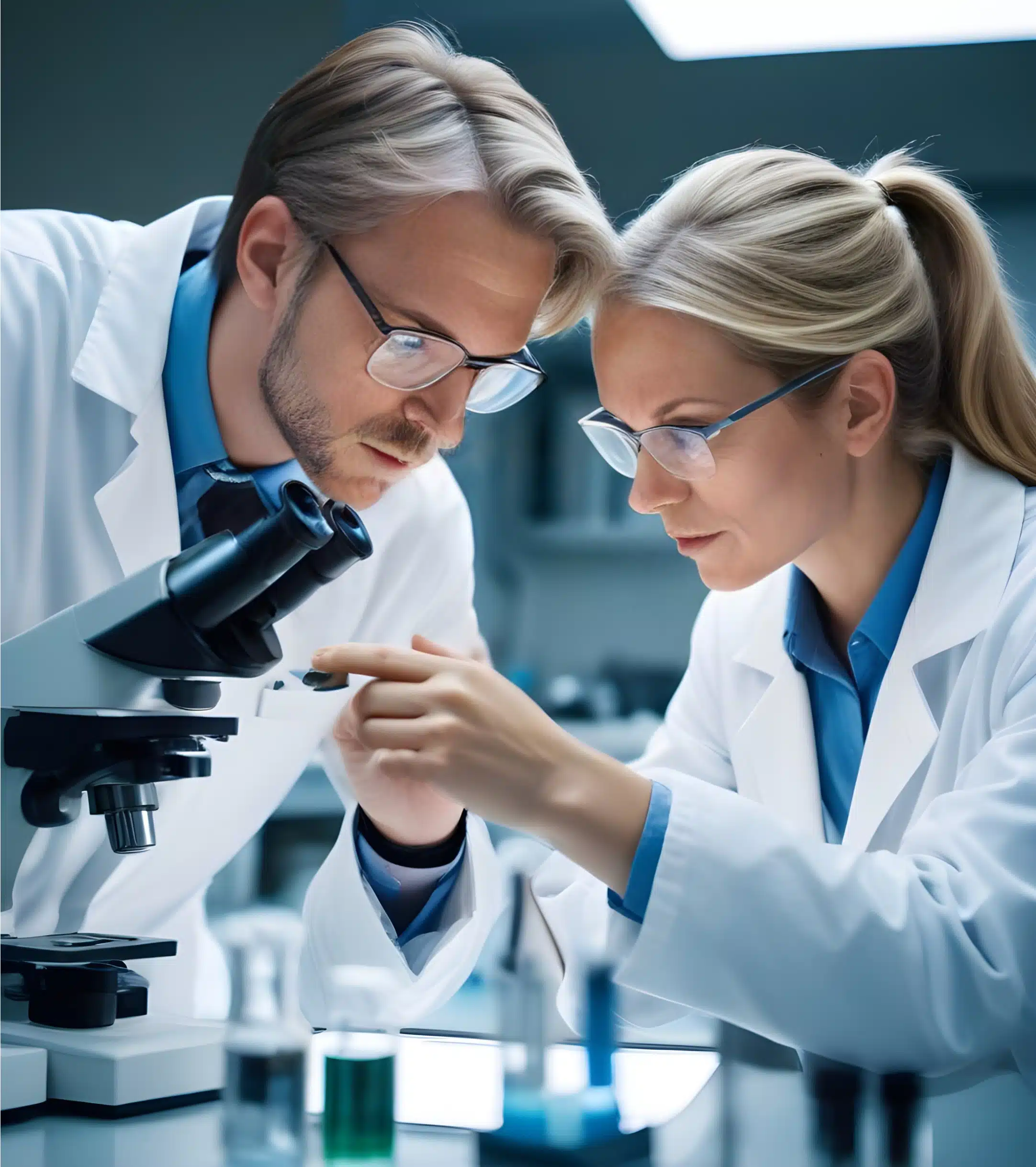 Two people in lab coats looking at a microscope.