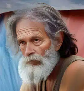 A man with long hair and beard is looking at the camera.