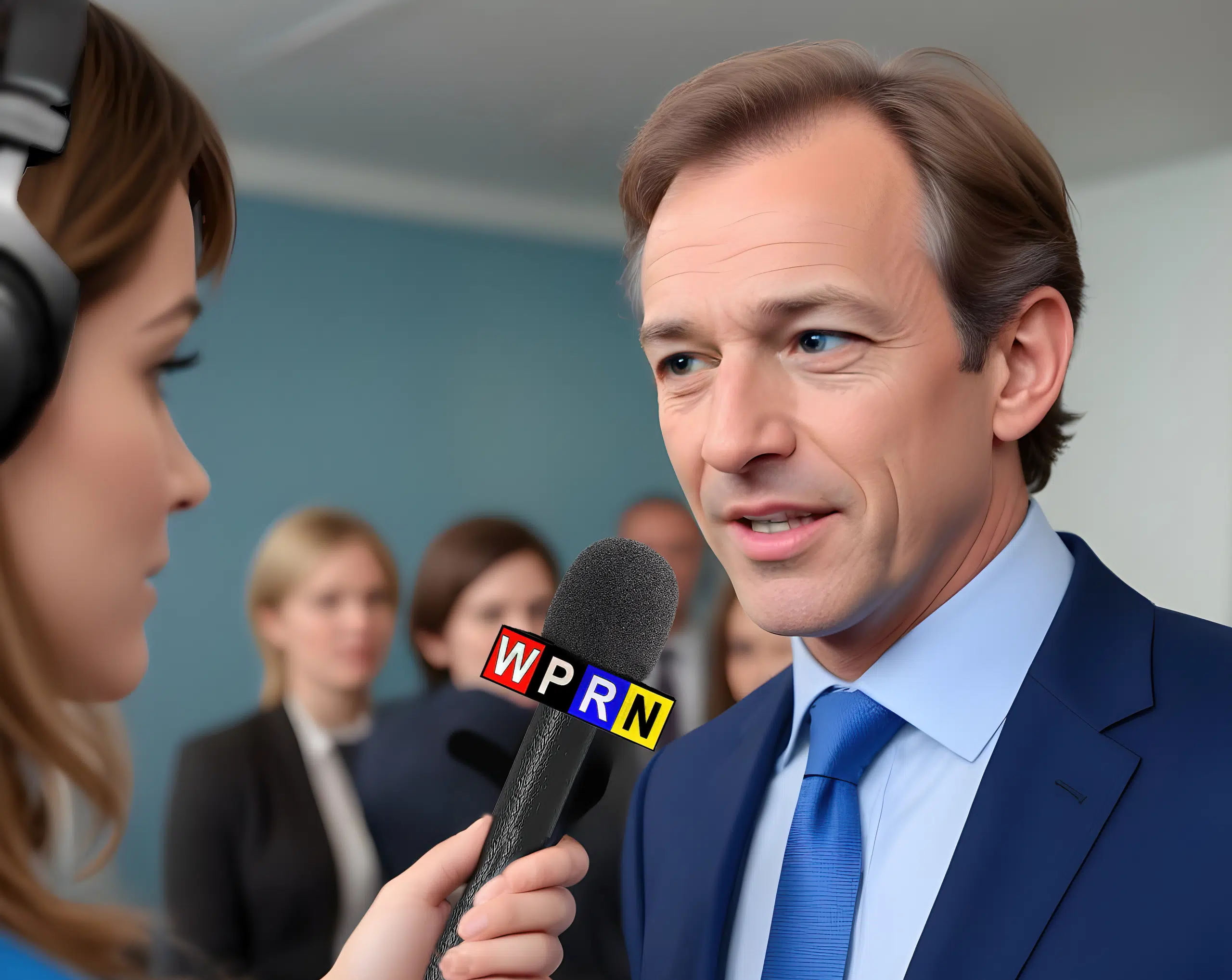 A man in a suit is being interviewed by reporters.