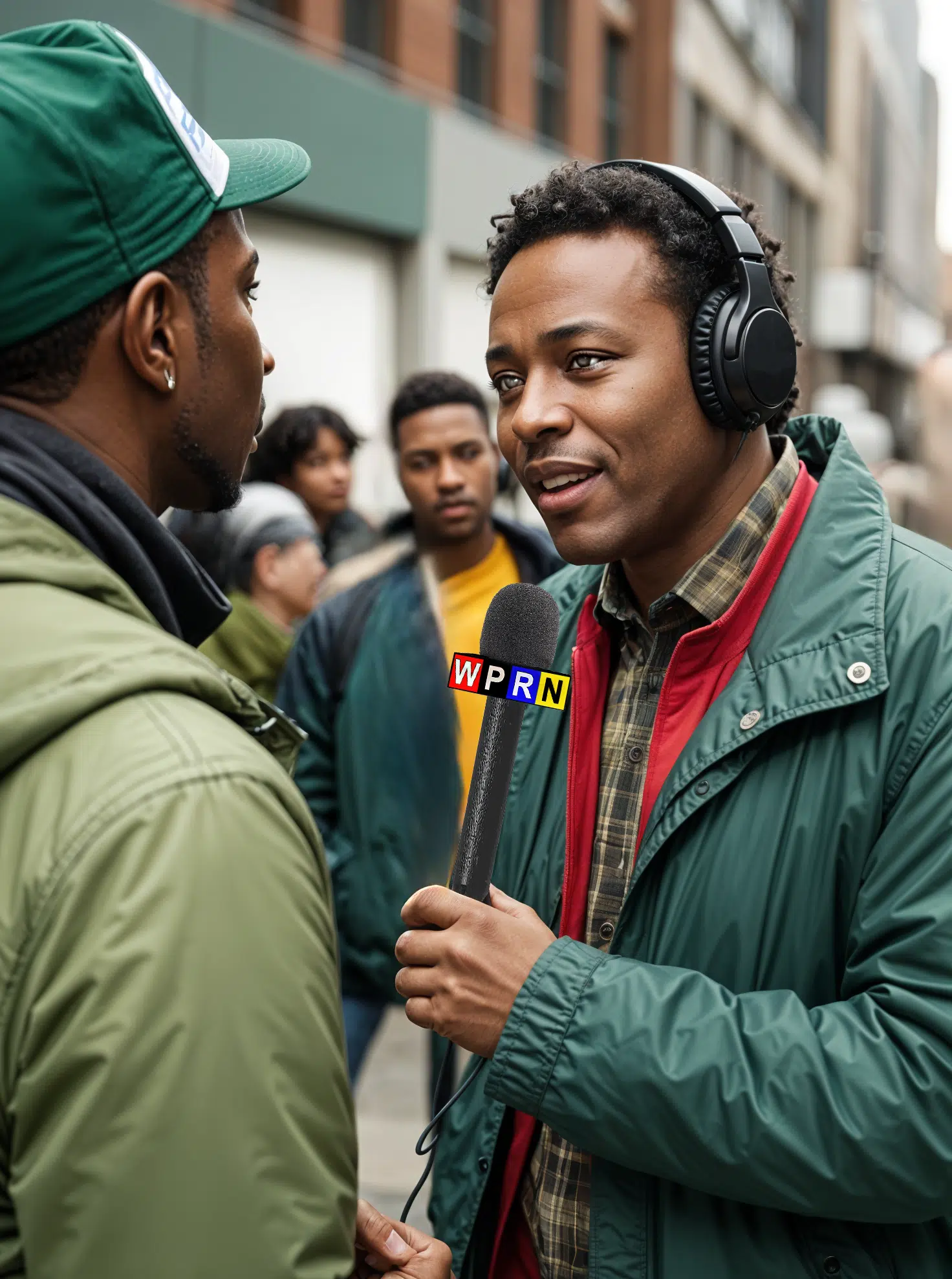 A man with headphones is talking to another man.