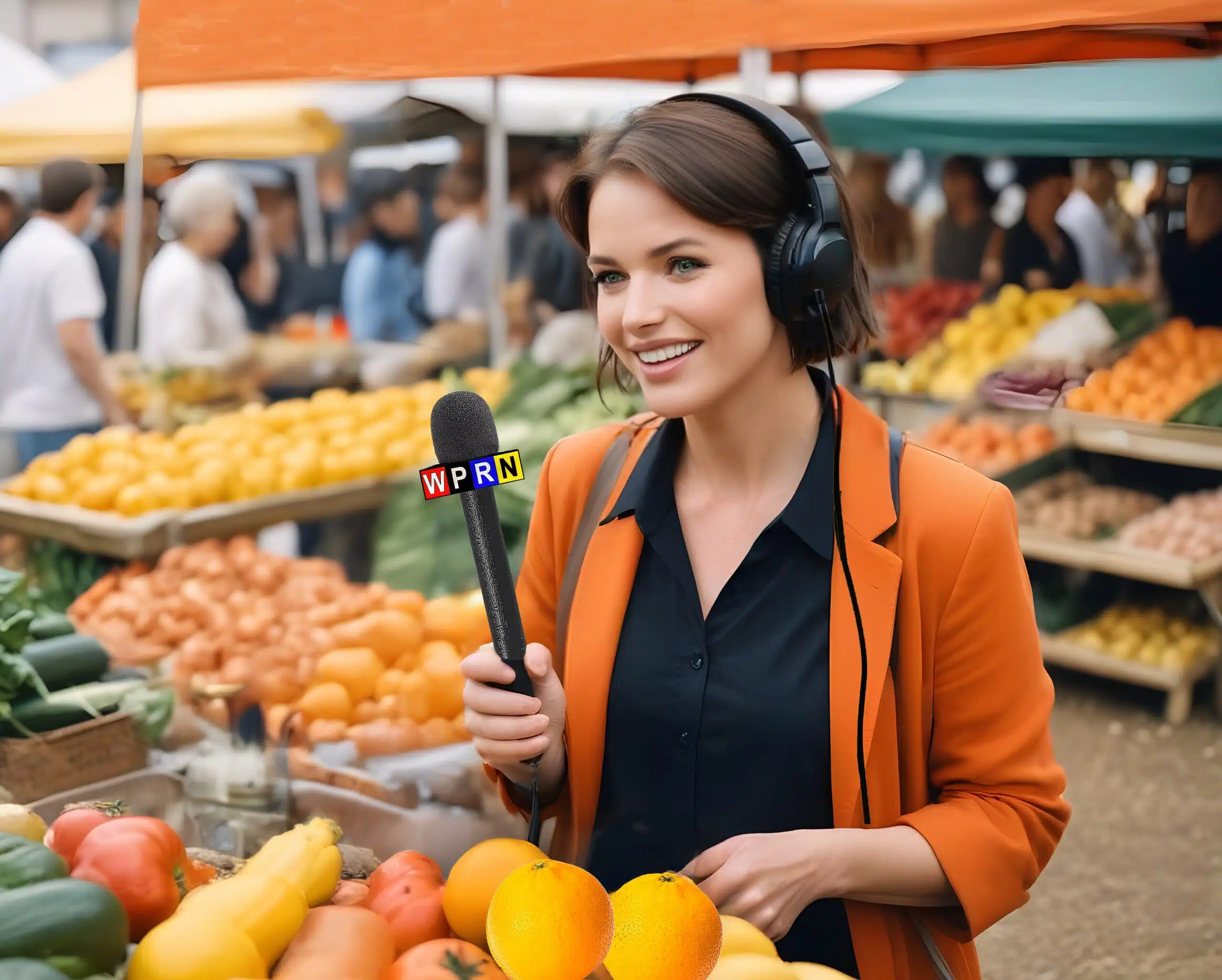 A woman with headphones is standing in front of fruits.