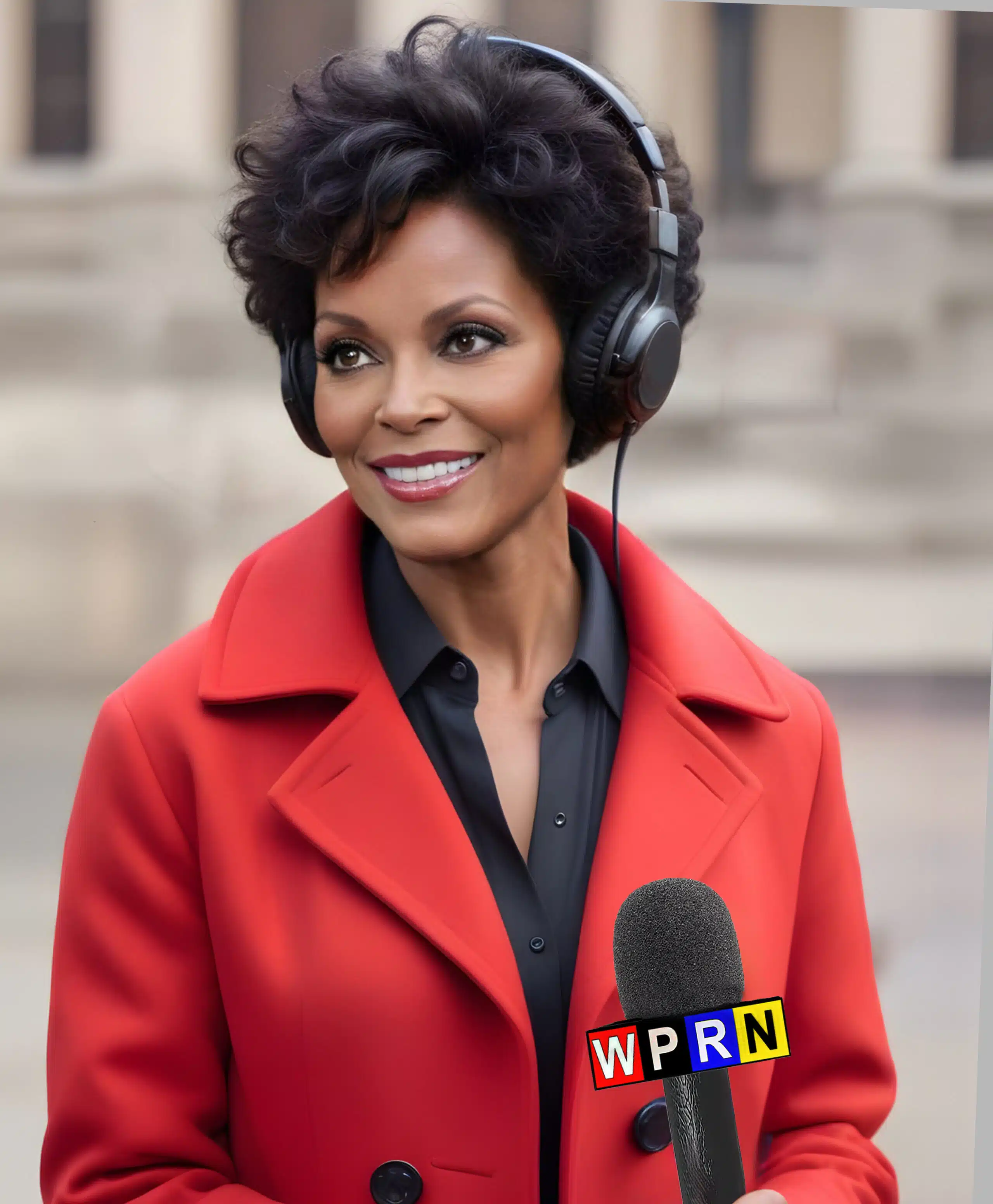 A woman in red jacket holding a microphone.