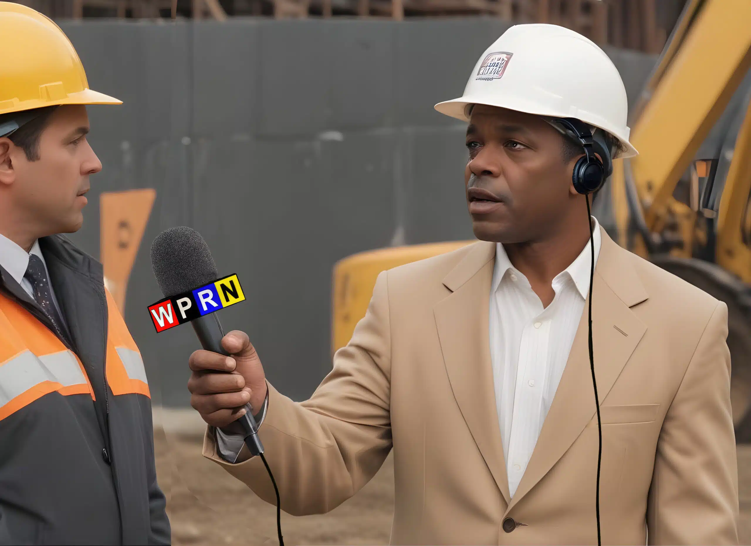 A man in a white hard hat holding a microphone.