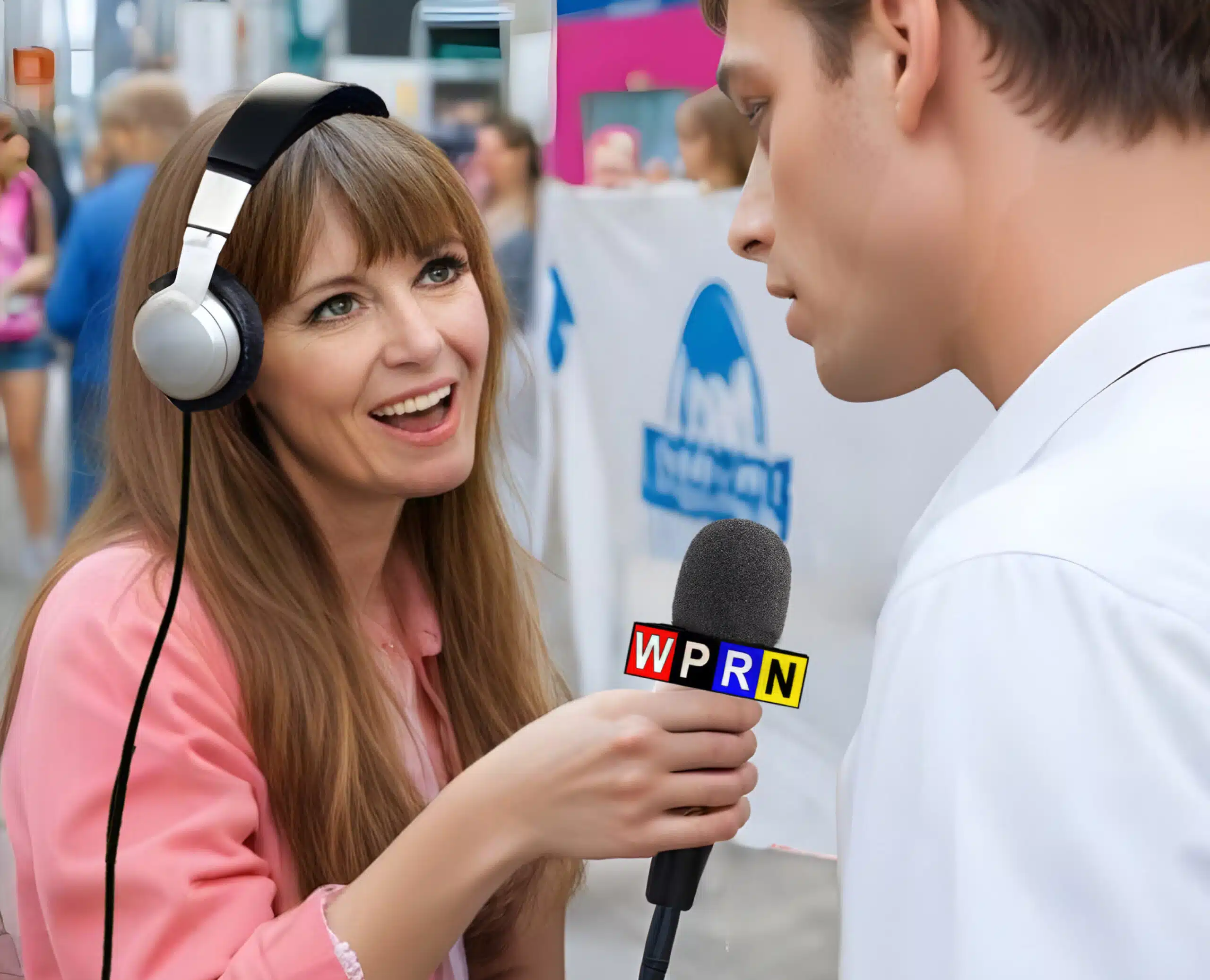 A woman wearing headphones and talking to a man.