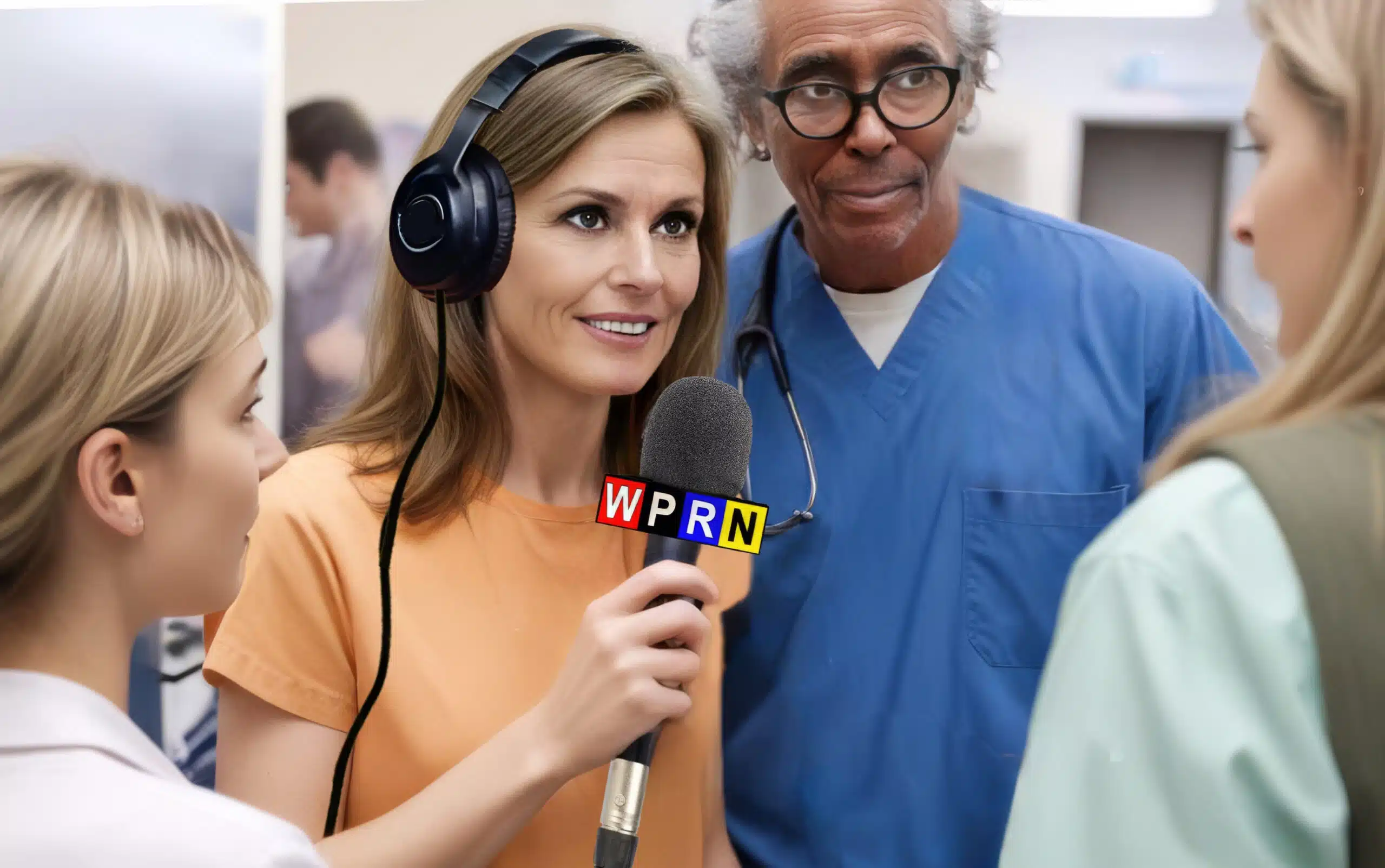 A woman with headphones and microphone in front of two men.