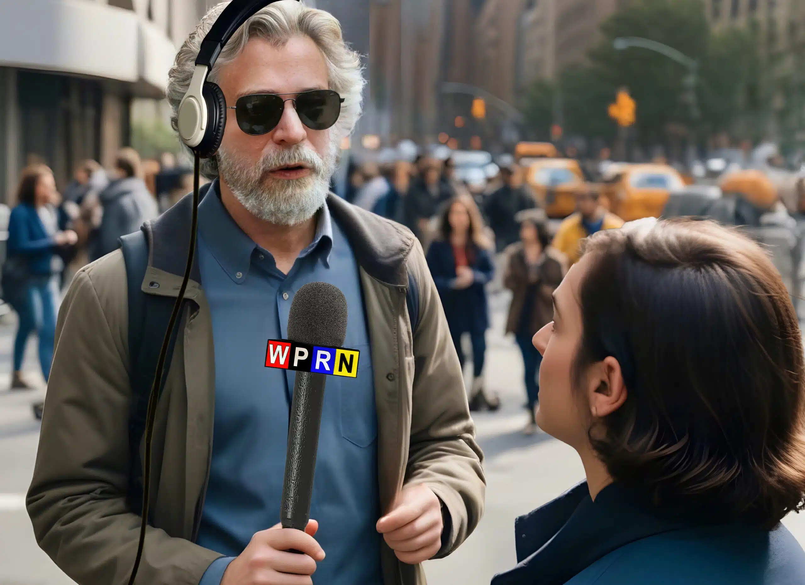 A man with headphones is talking to someone on the street.