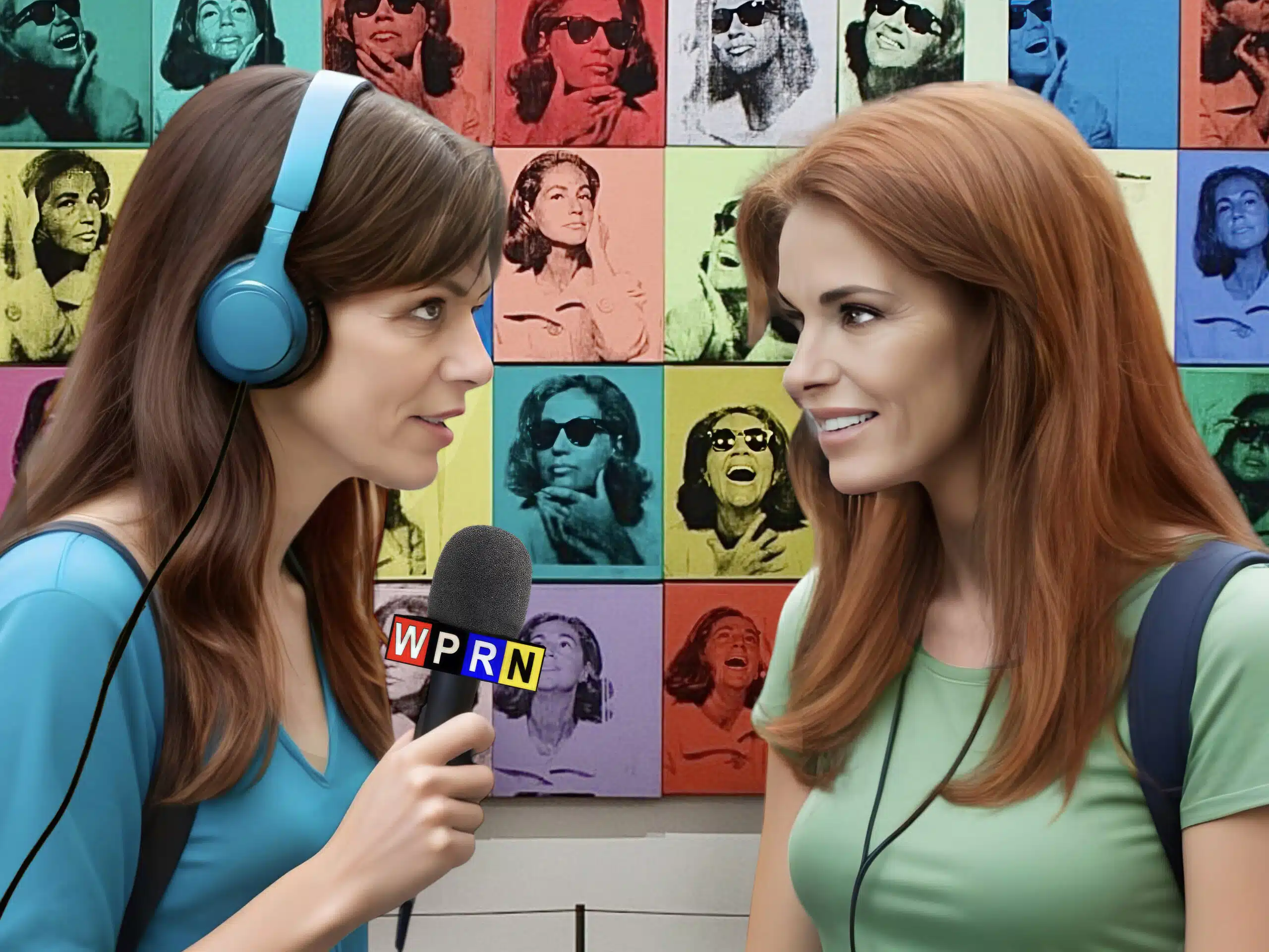 Two women are talking to each other while wearing headphones.