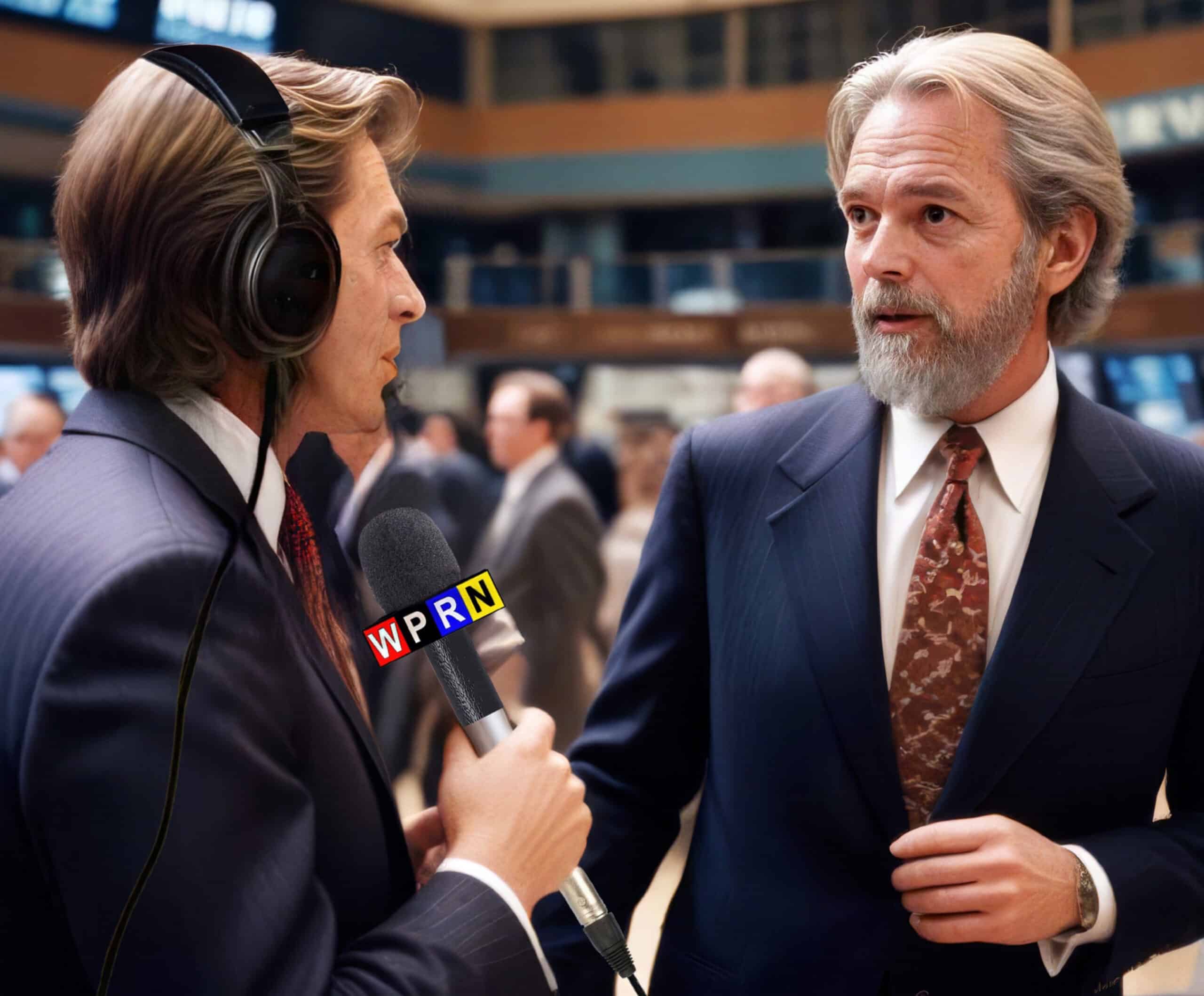 A man in a suit and tie talking to another man.