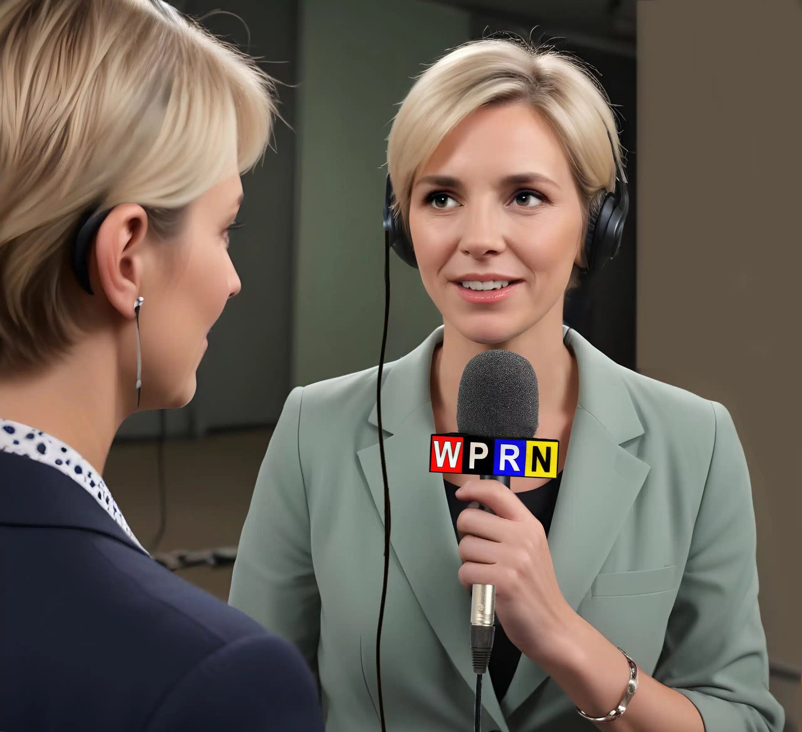 A woman is being interviewed by an announcer.