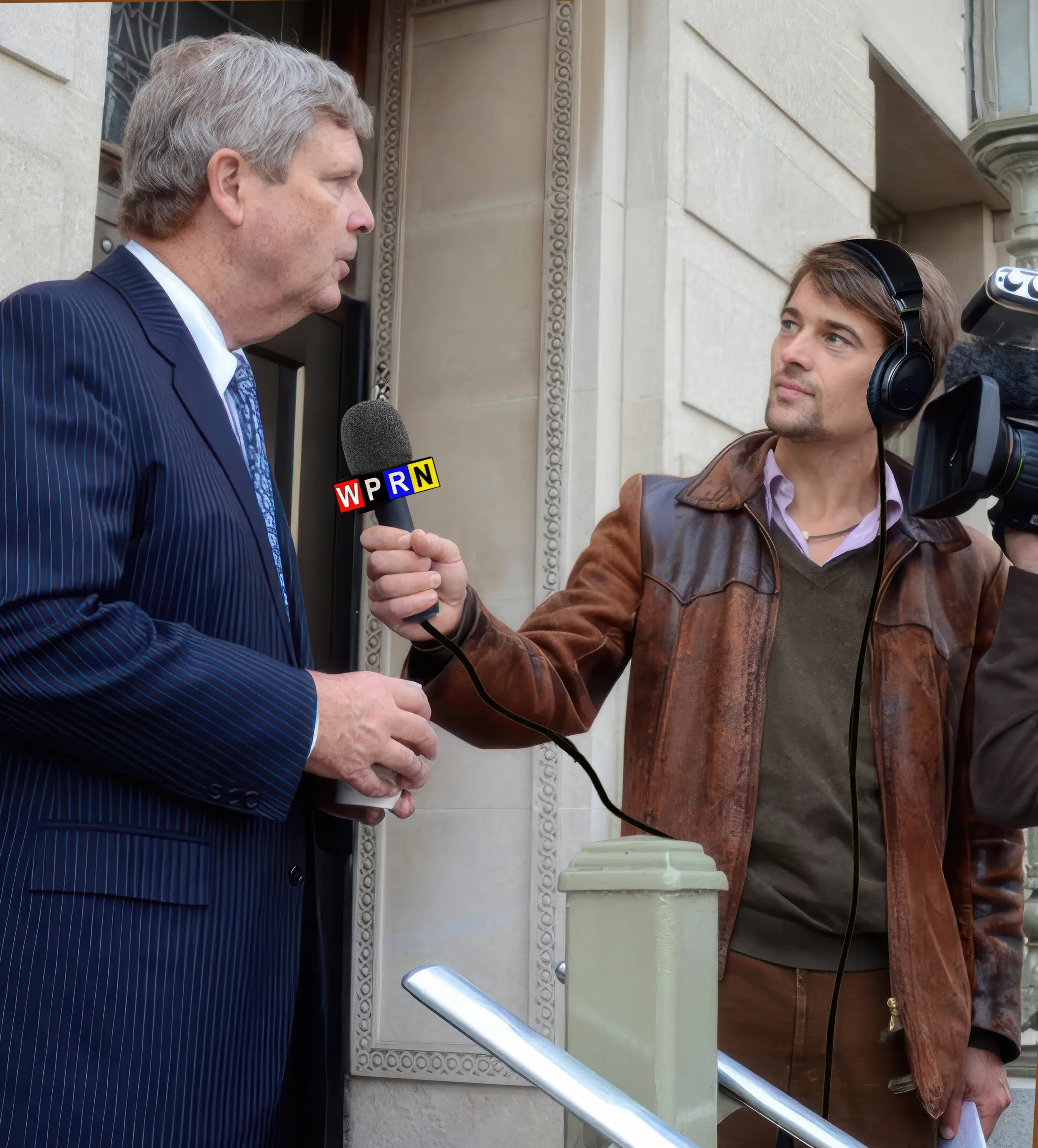 A man is being interviewed by an older man.