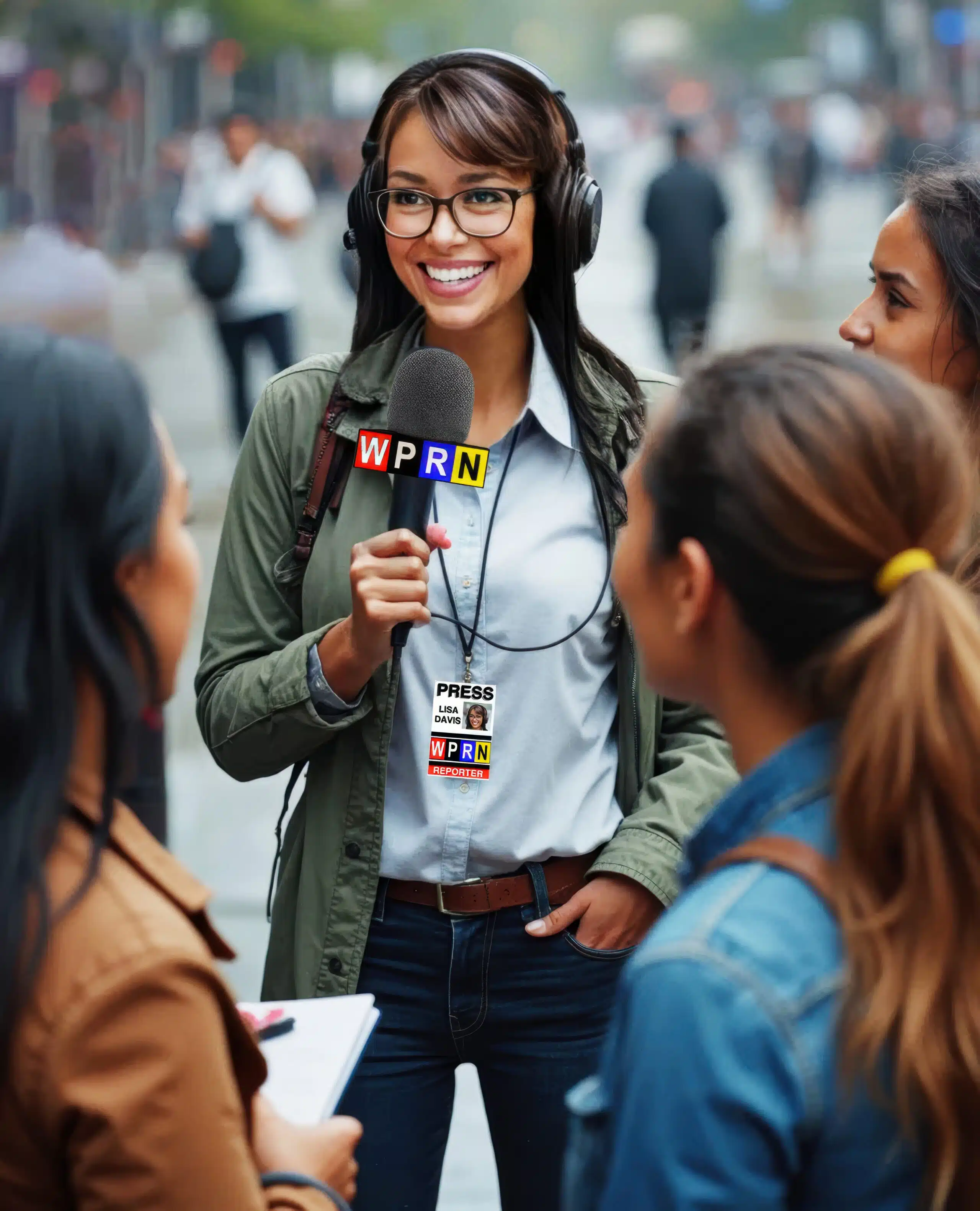 A woman is talking to some people on the street