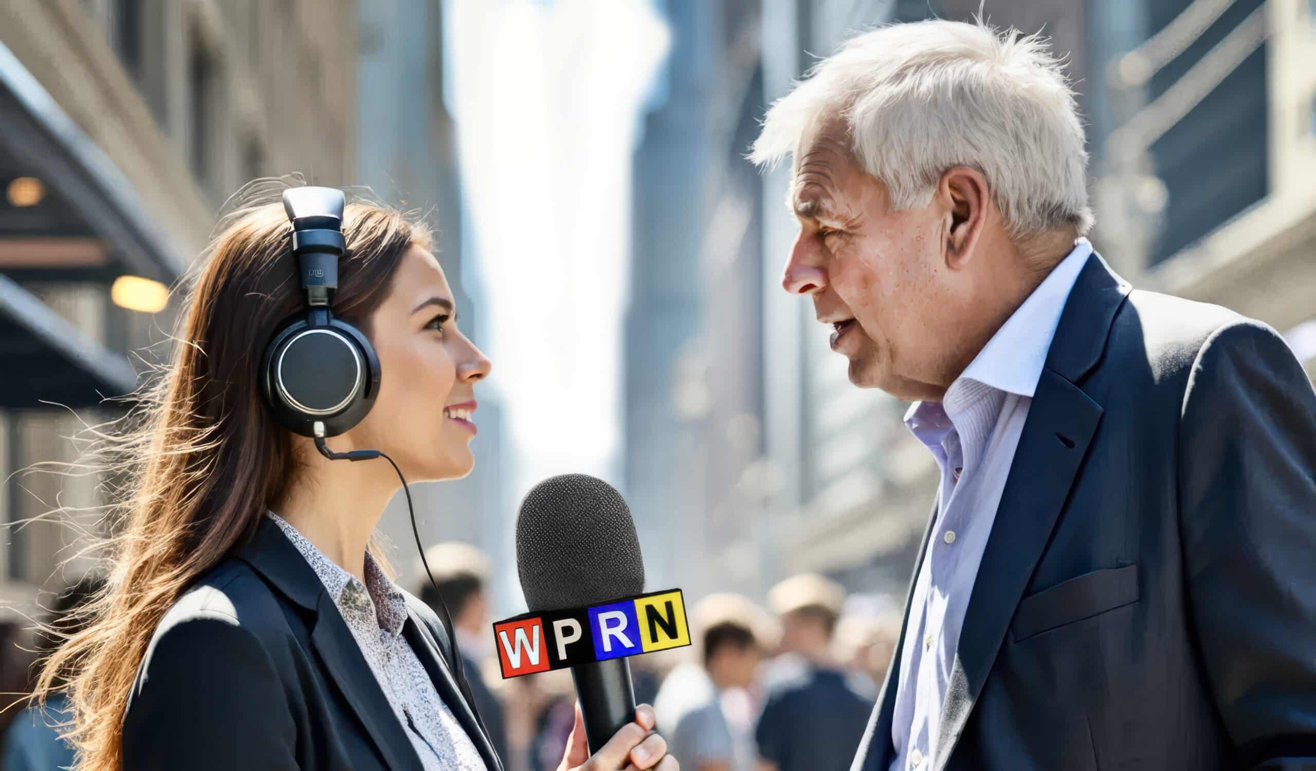 A woman is talking to an older man