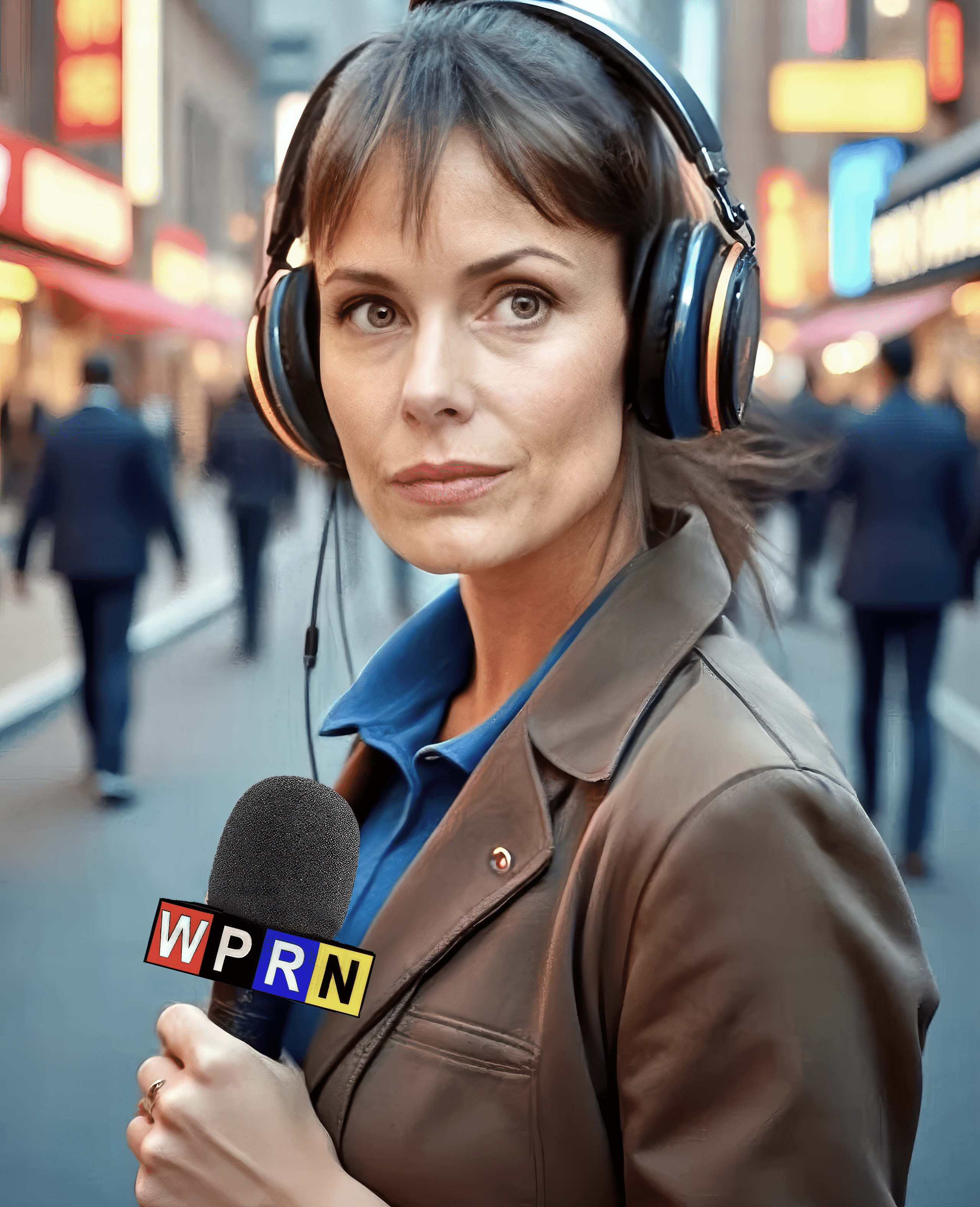 A woman with headphones and microphone on the street.