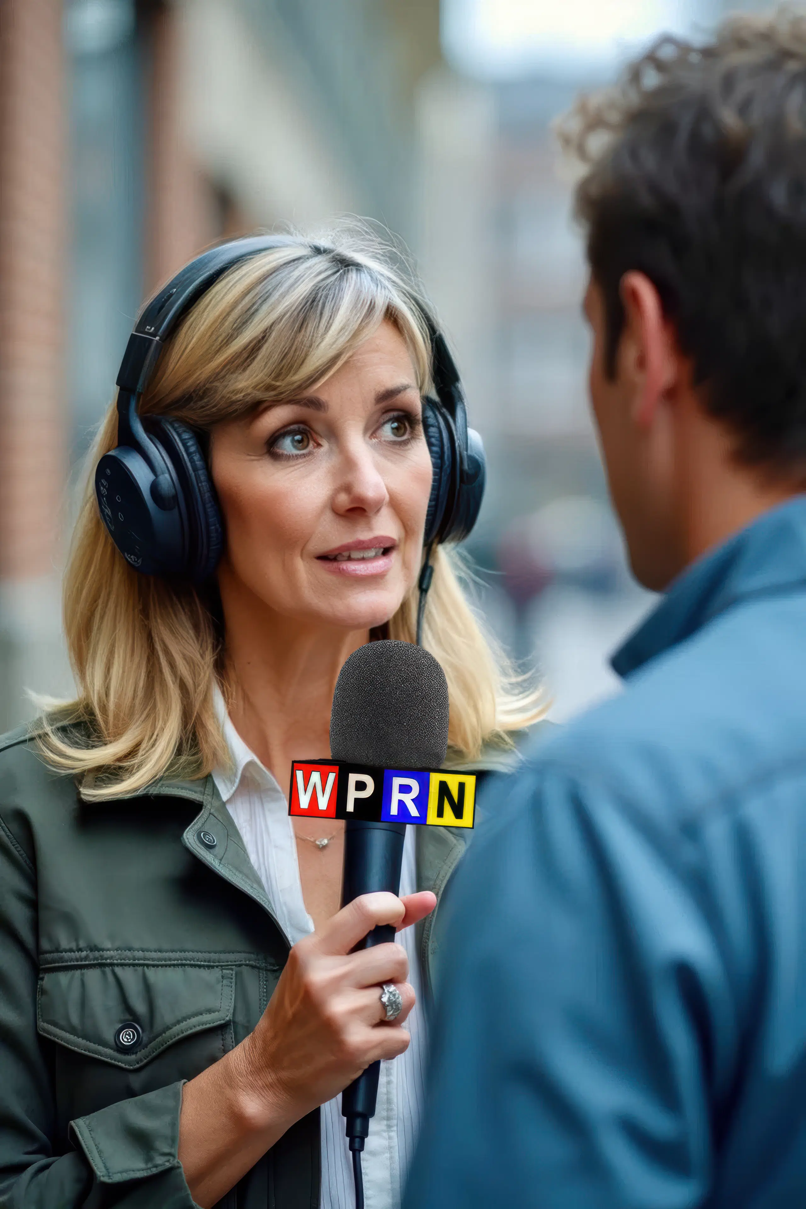 A woman wearing headphones and talking into a microphone.