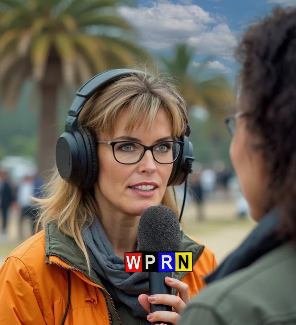 A woman wearing headphones and an orange jacket is talking to someone.