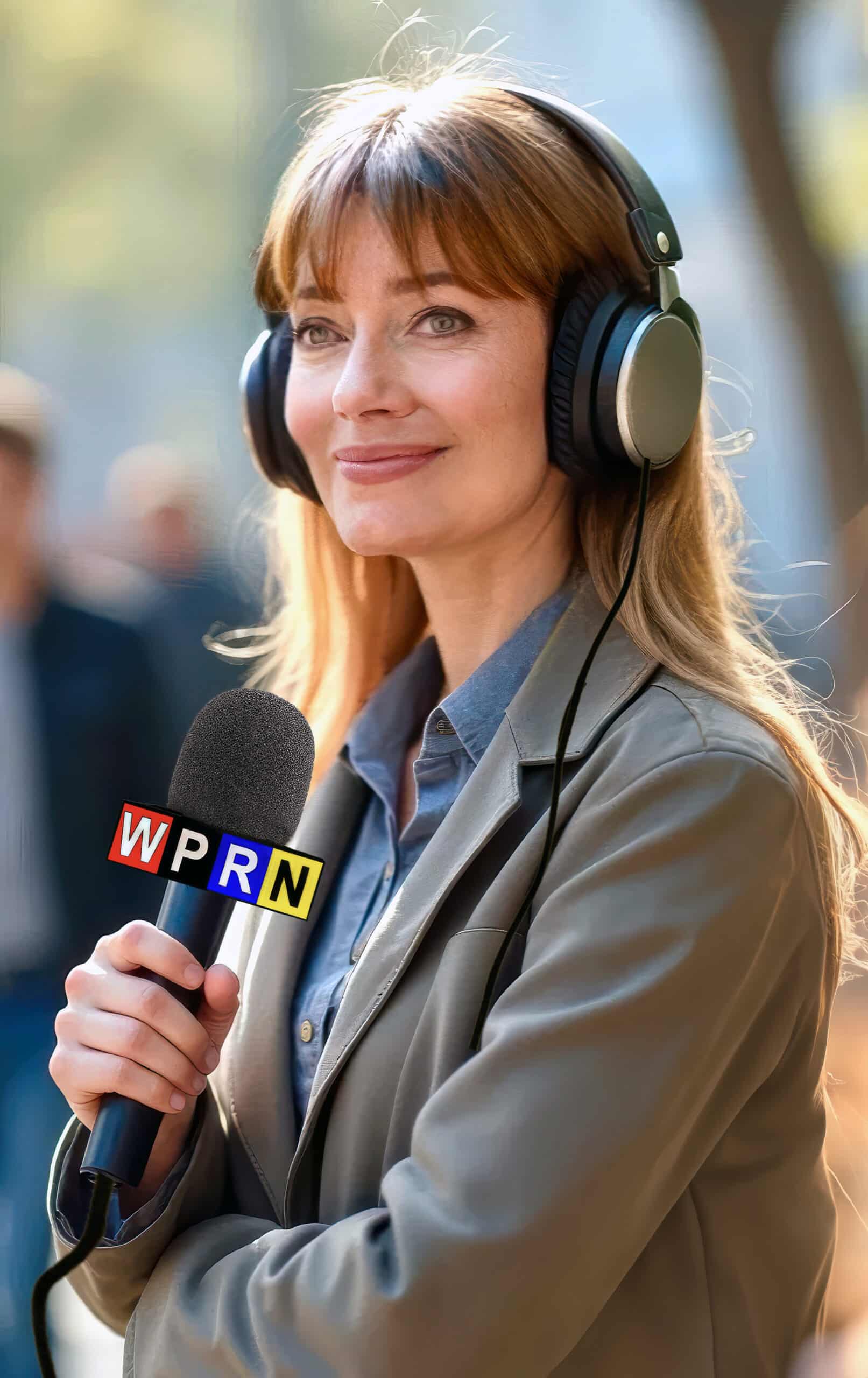 A woman with headphones and microphone in her hand.