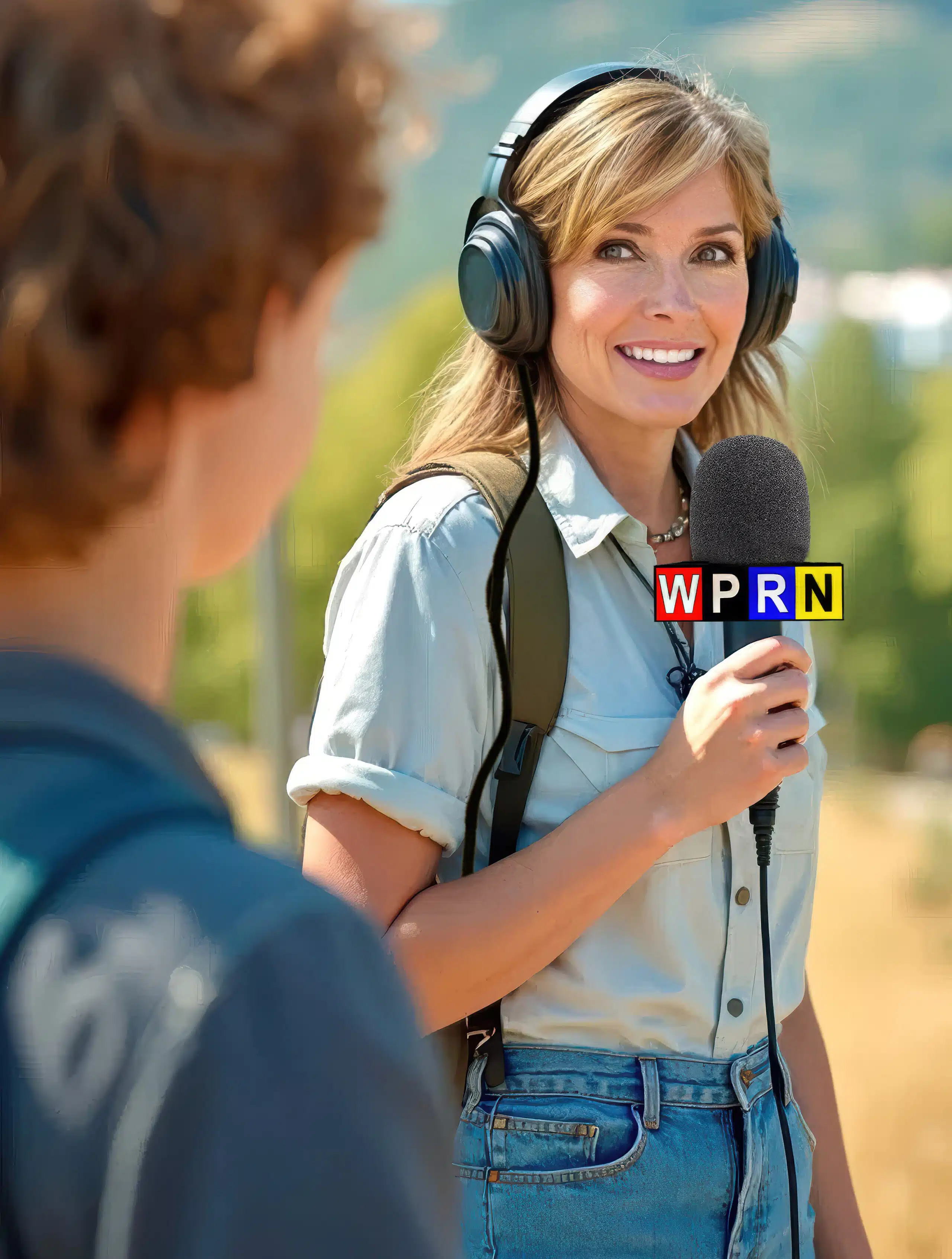 A woman is talking to someone on the radio