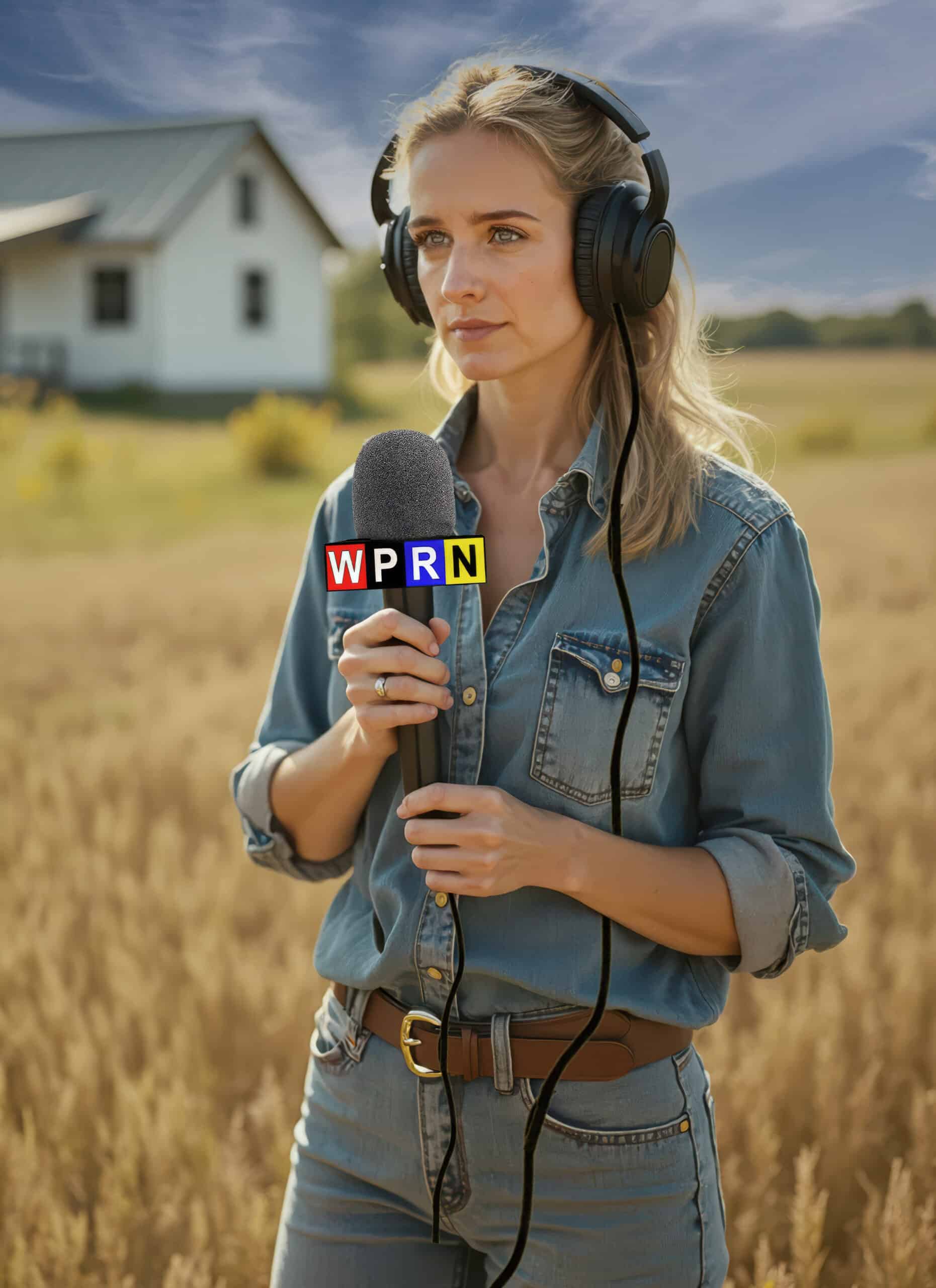 A woman in a field with headphones and microphone.