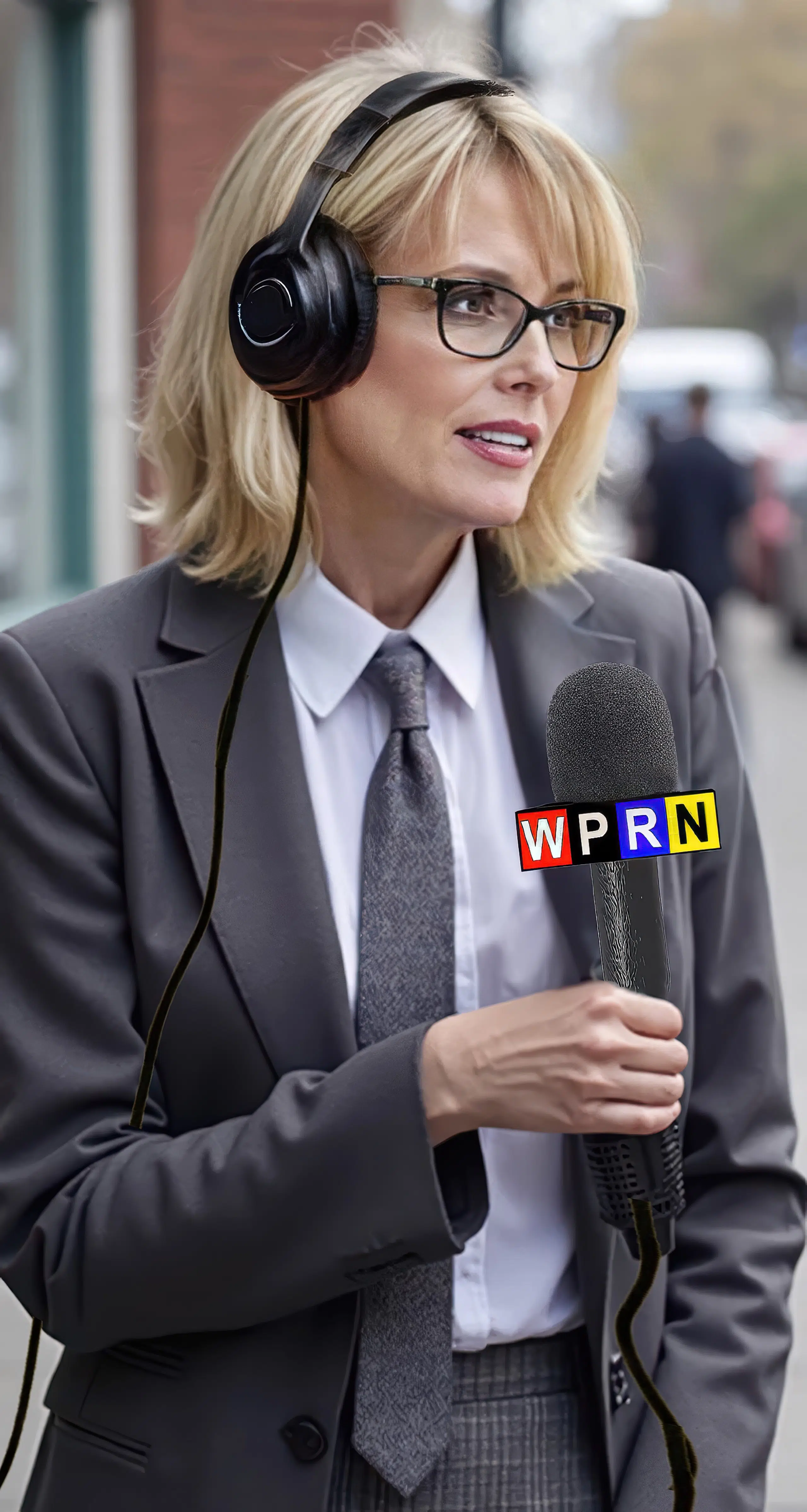 A woman in a suit and headphones holding a microphone.