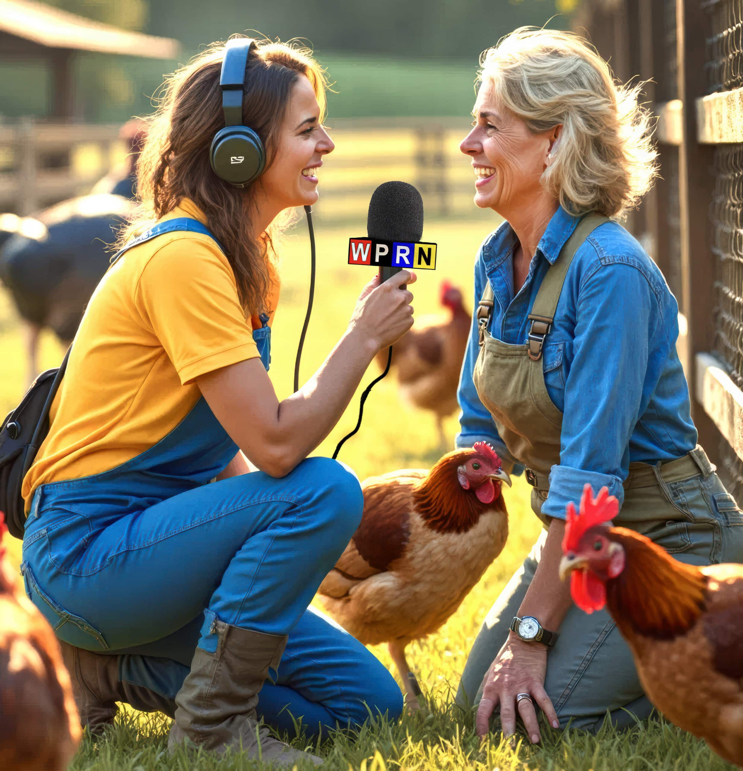 Two women are talking to each other while wearing headphones.