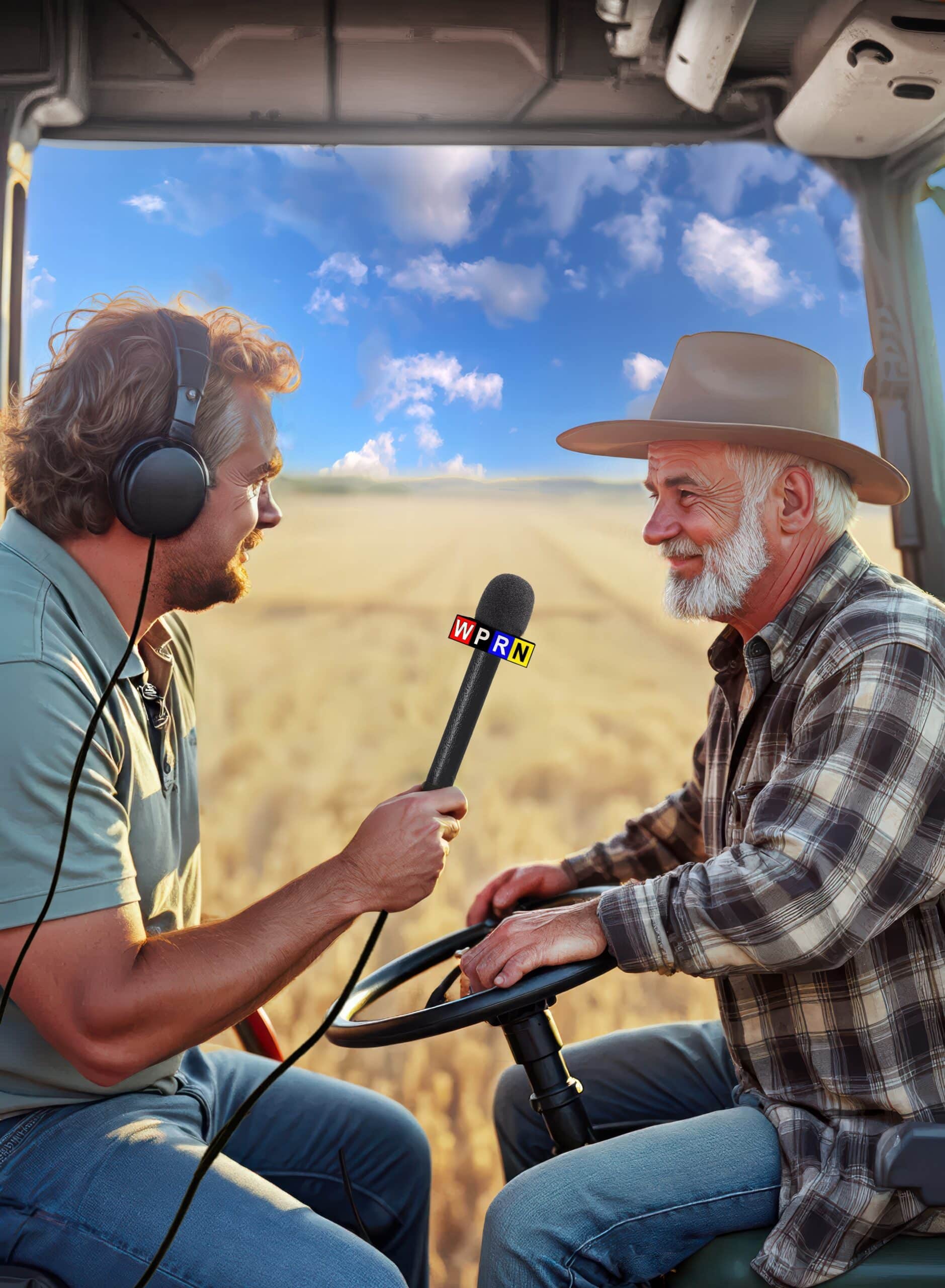 A man is talking to an older man while sitting in the back of a tractor.