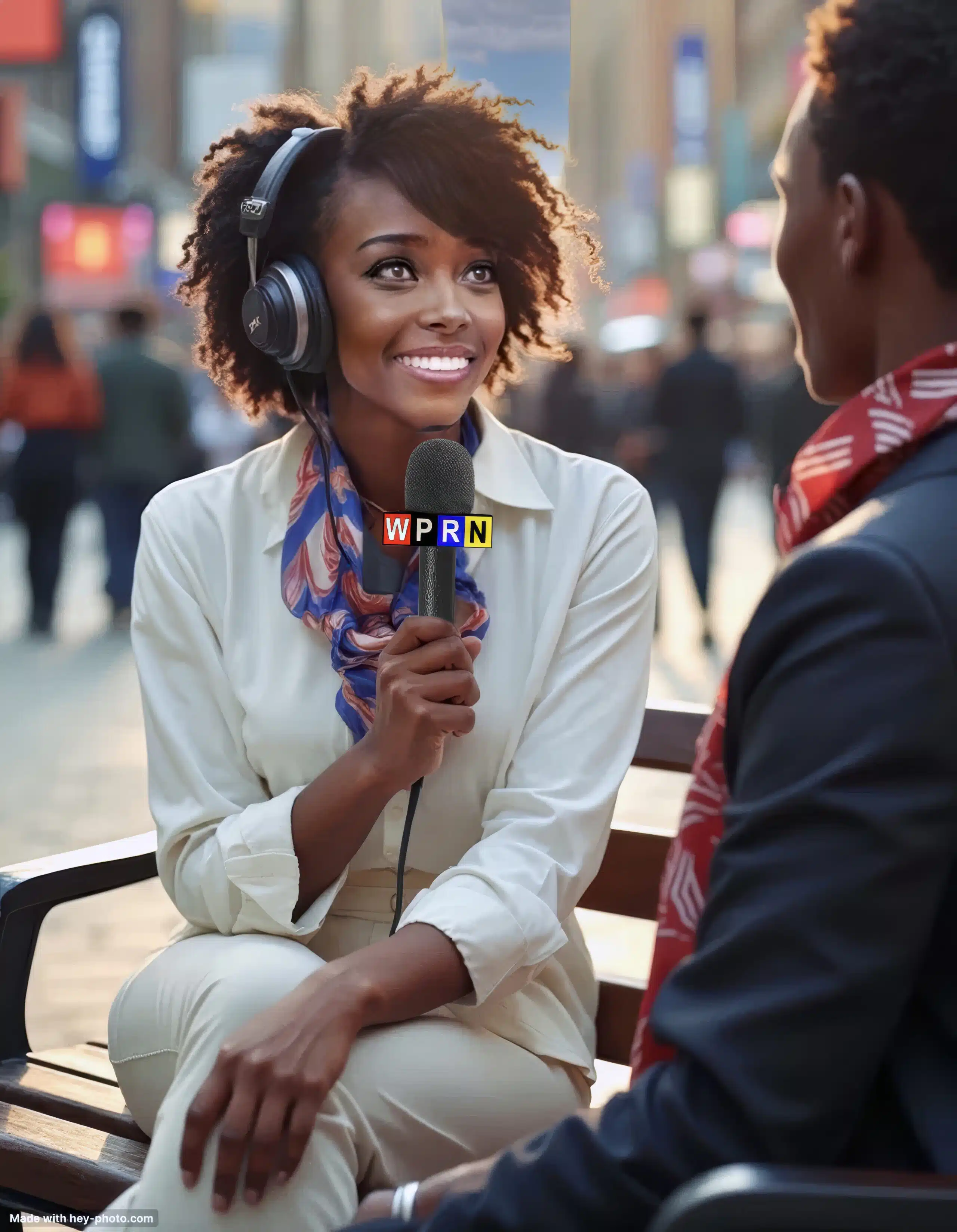 A woman is sitting on the bench and talking to someone