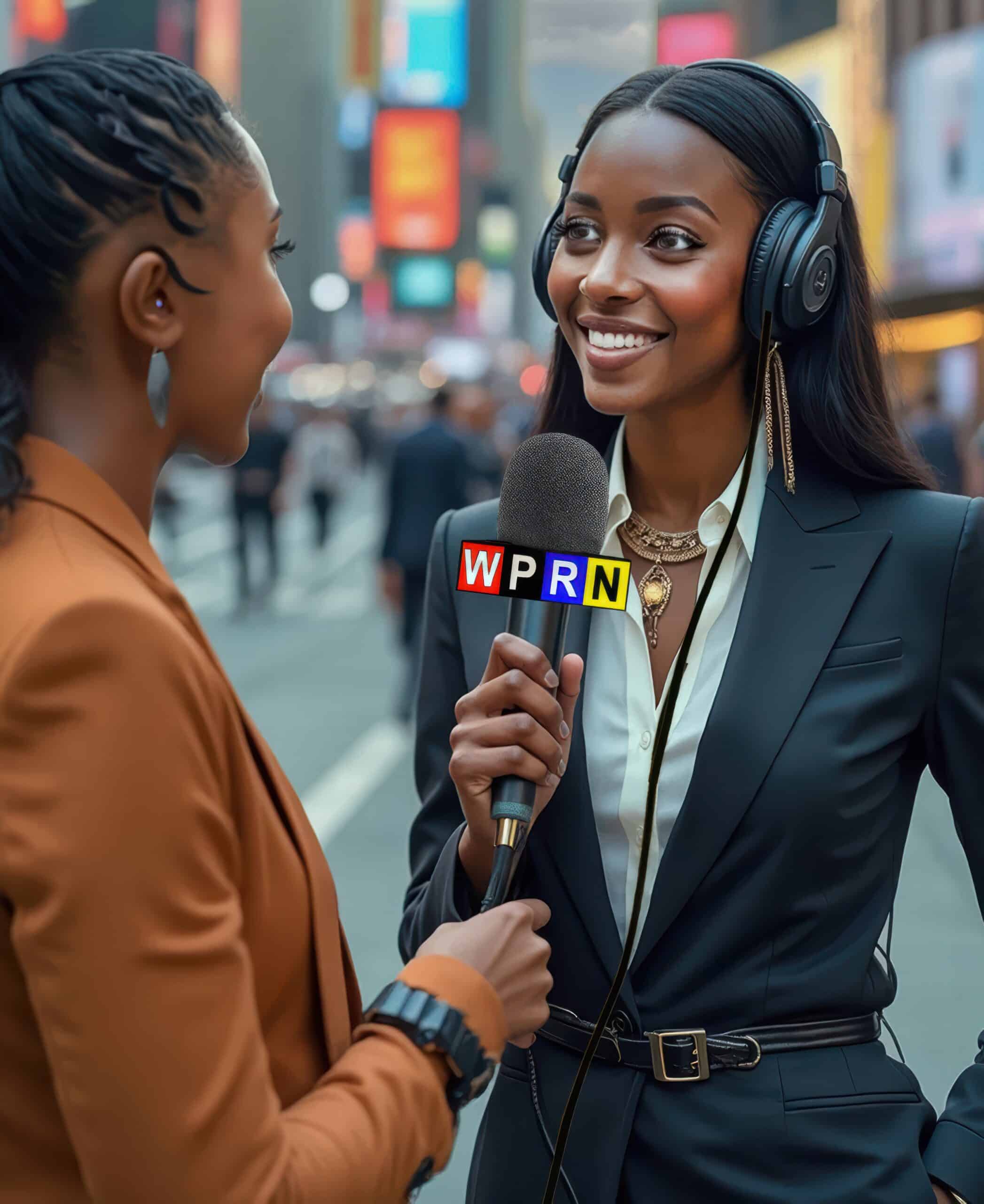 A woman in a suit is talking to an interviewer.