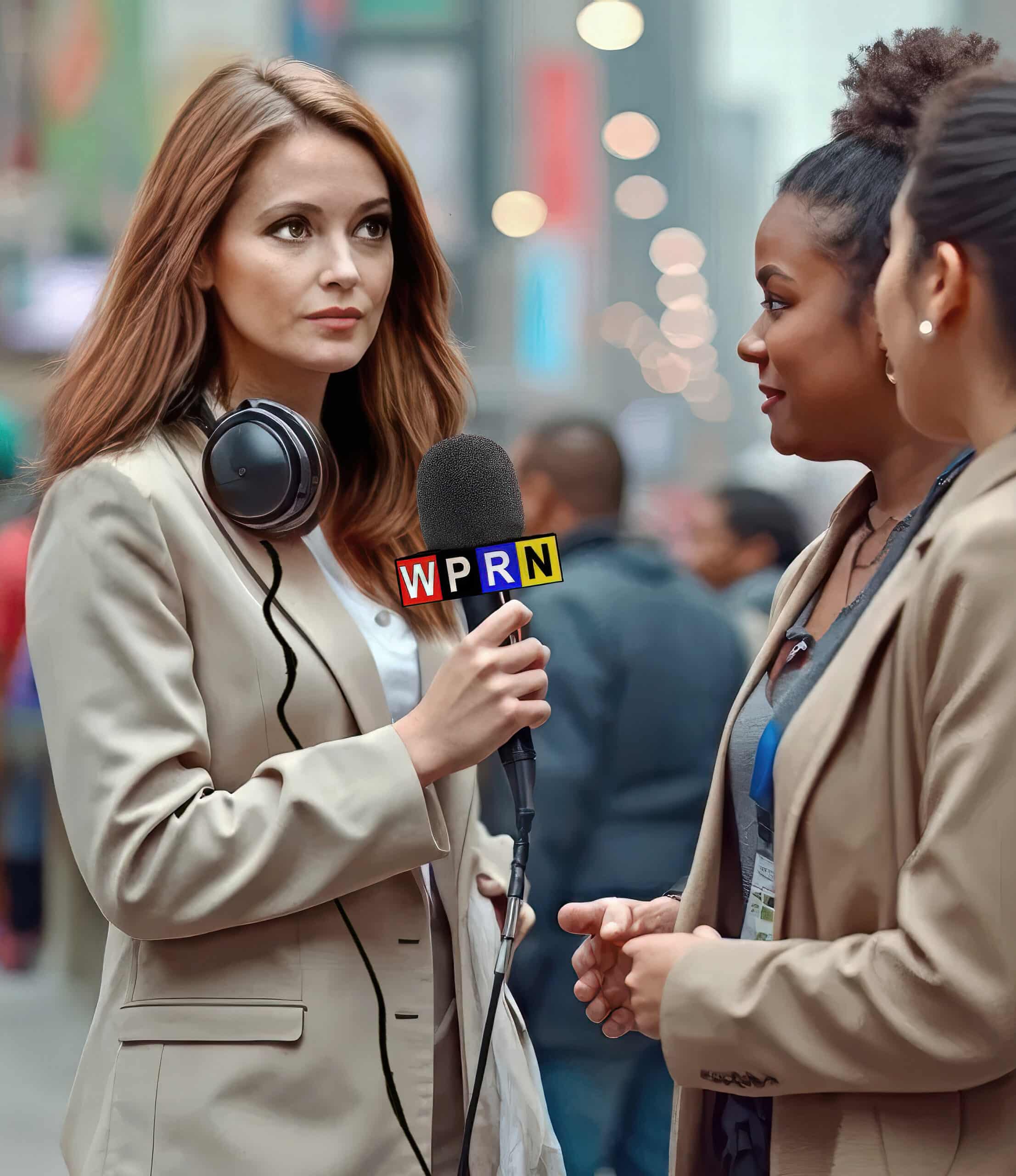 A woman is being interviewed by an interviewer.