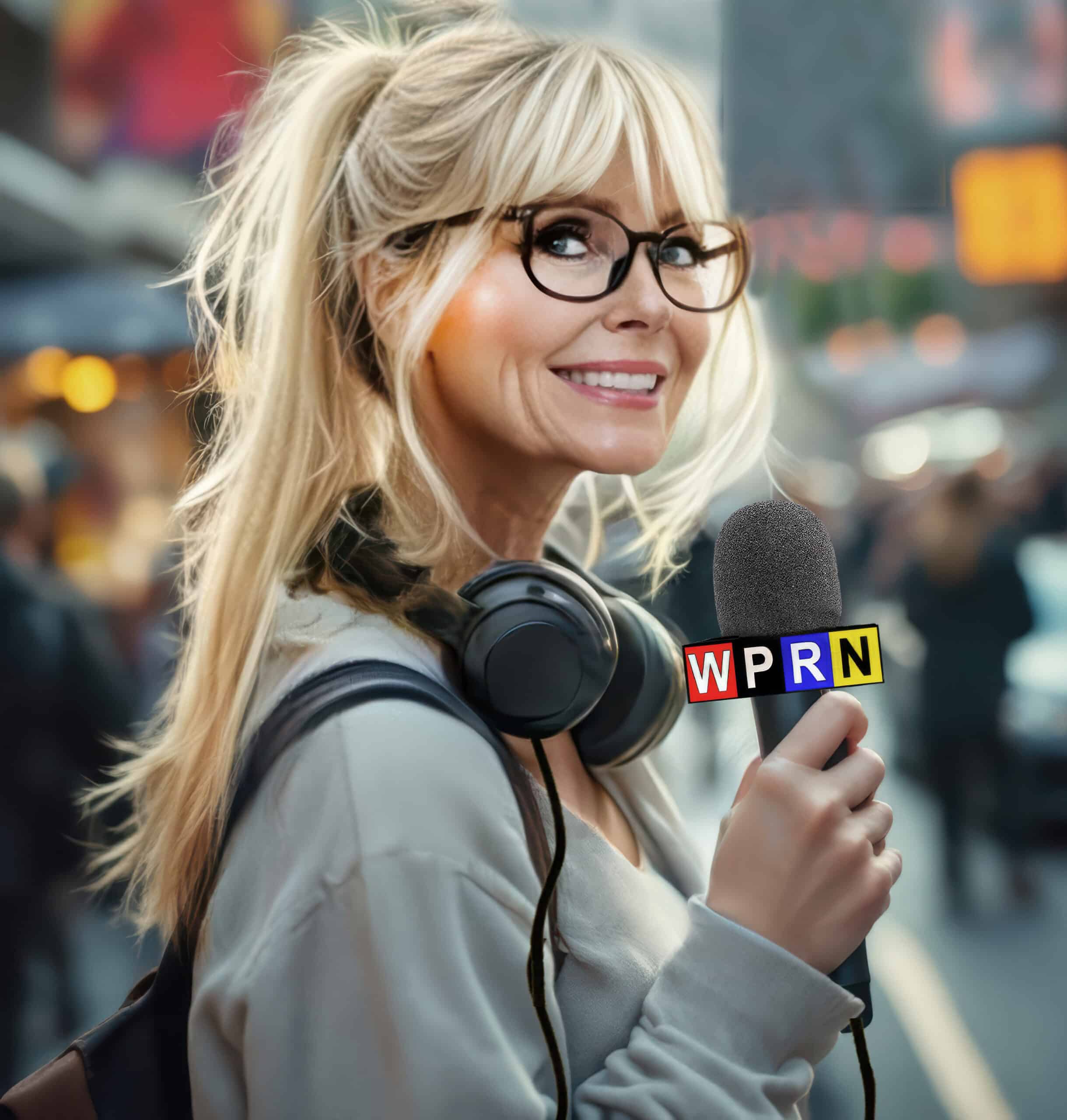 A woman with headphones and microphone on the street.