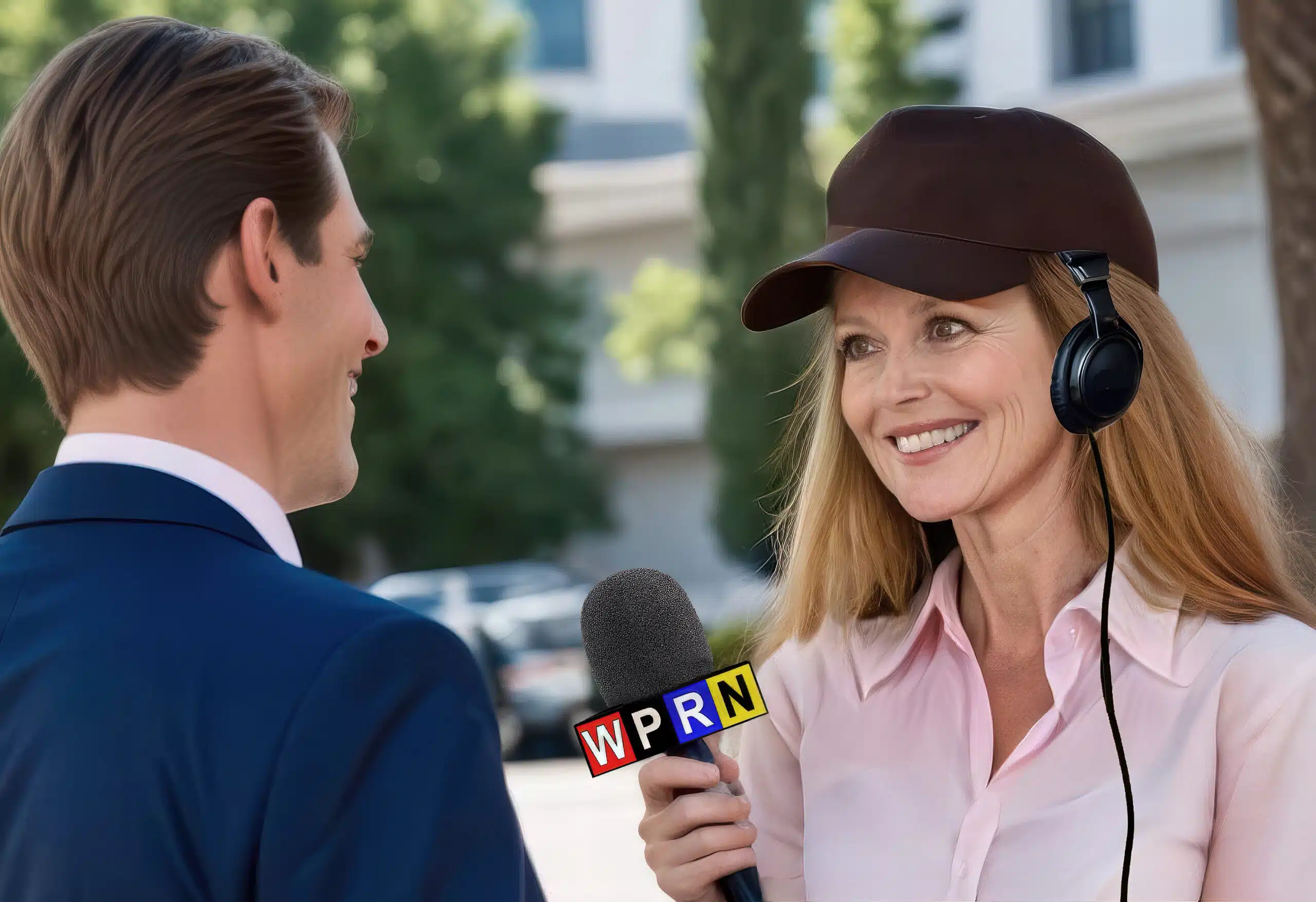 A woman wearing a hat and talking on the radio