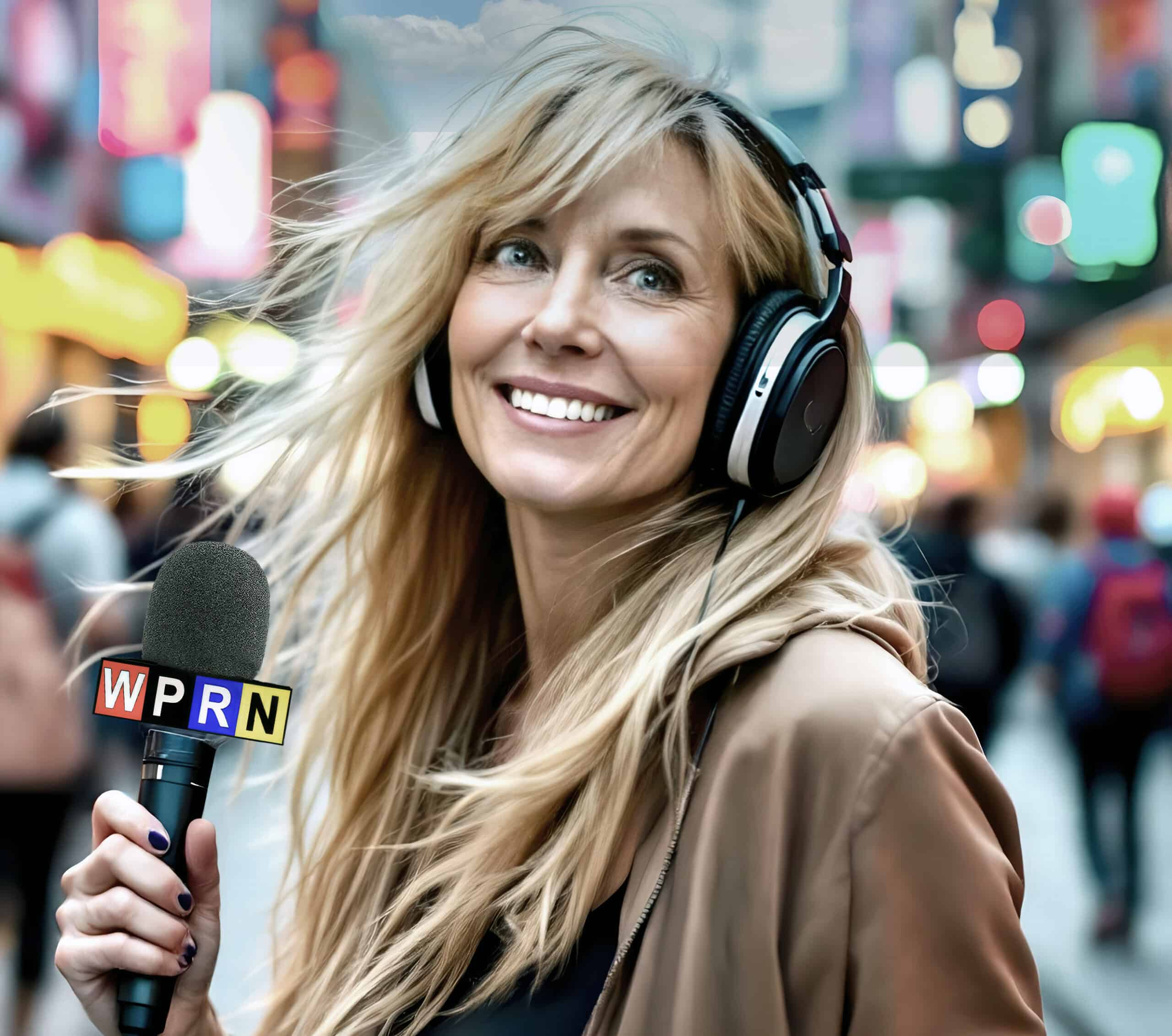 A woman with headphones and microphone in the city.