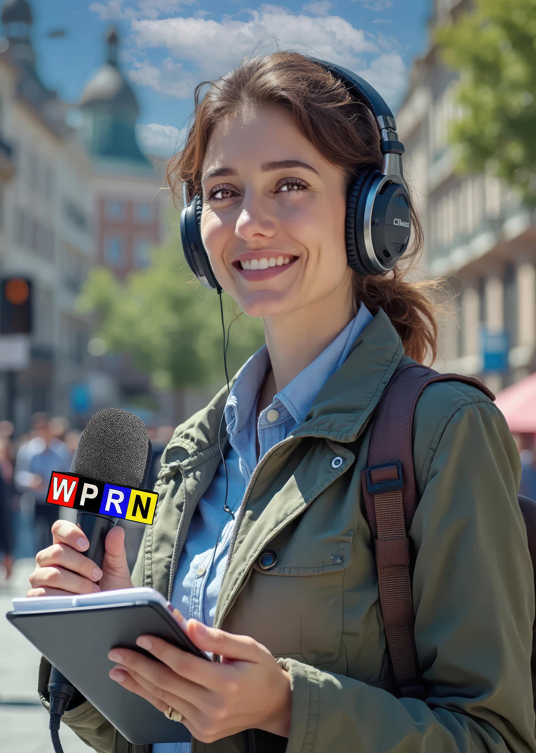 A woman with headphones and microphone on the street.