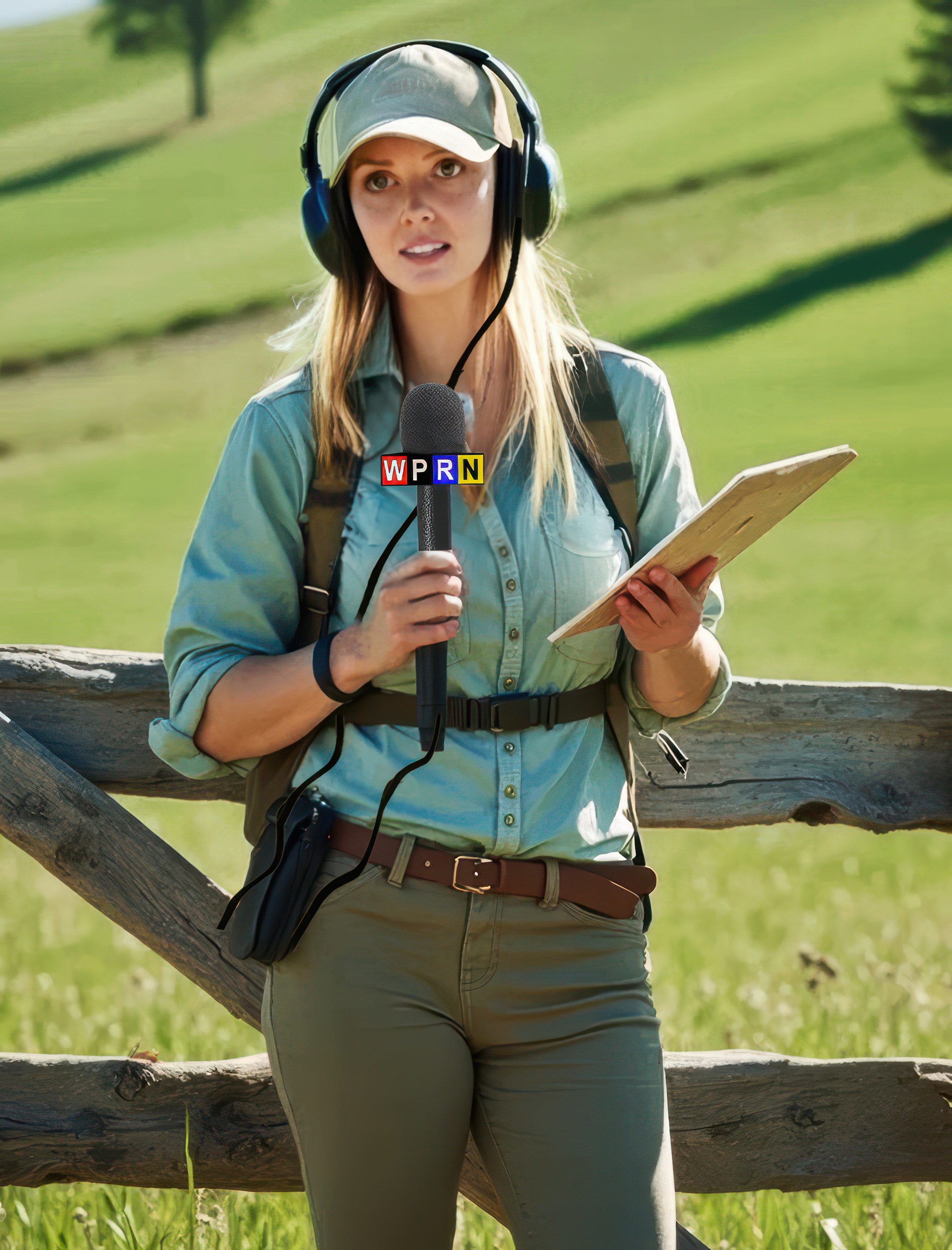 A woman in green shirt holding a microphone.